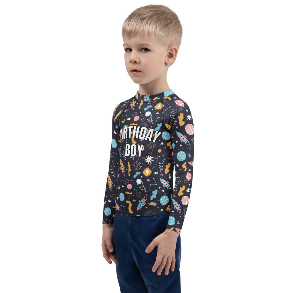 Birthday Boy Outer Space Long Sleeve Rash Guard Swim Shirt With UPF 50+