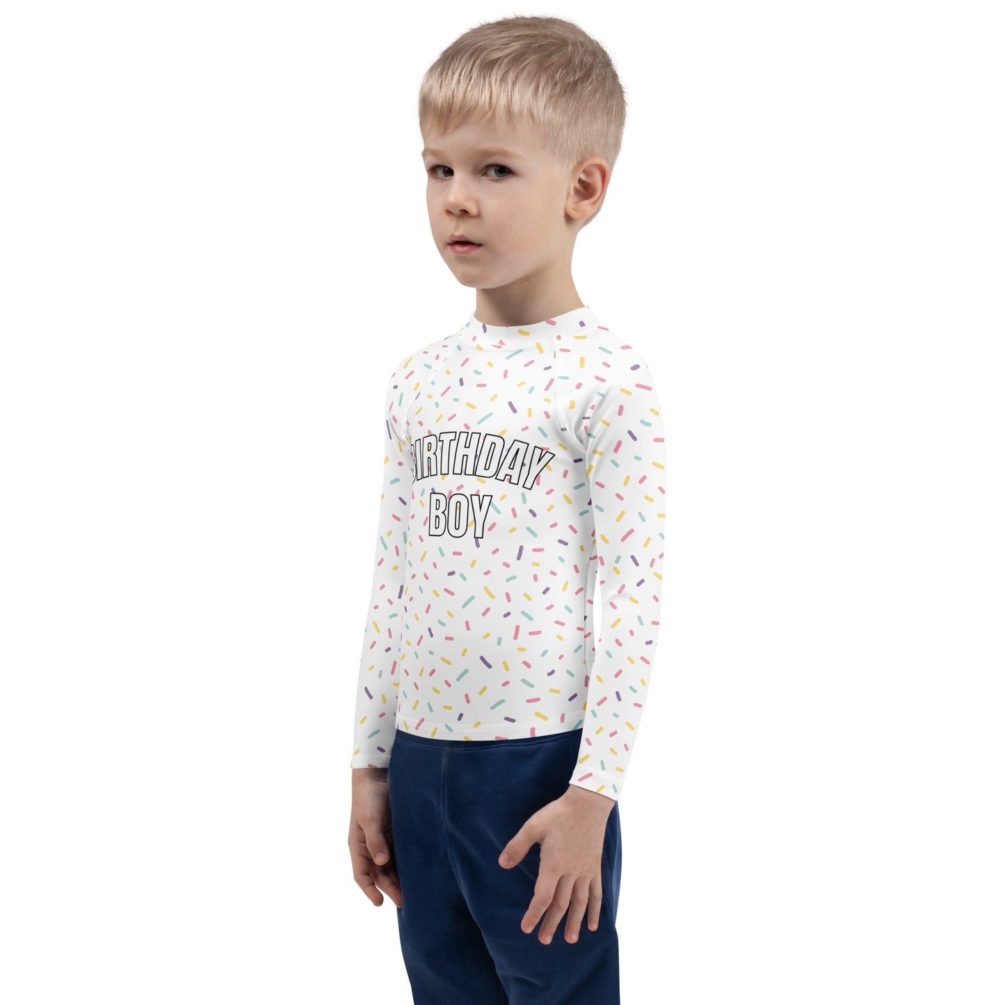 Birthday Boy Colorful Sprinkles Long Sleeve Rash Guard Swim Shirt With UPF 50+