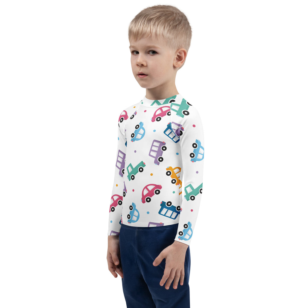 White long sleeve kids rash guard swim shirt with colorful cartoon cars pattern and UPF 50 plus sun protection