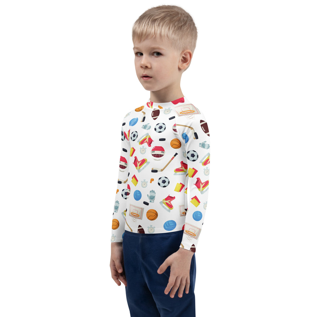 White long-sleeved kids rash guard swim shirt with colorful sports print and upf 50 plus for sun protection