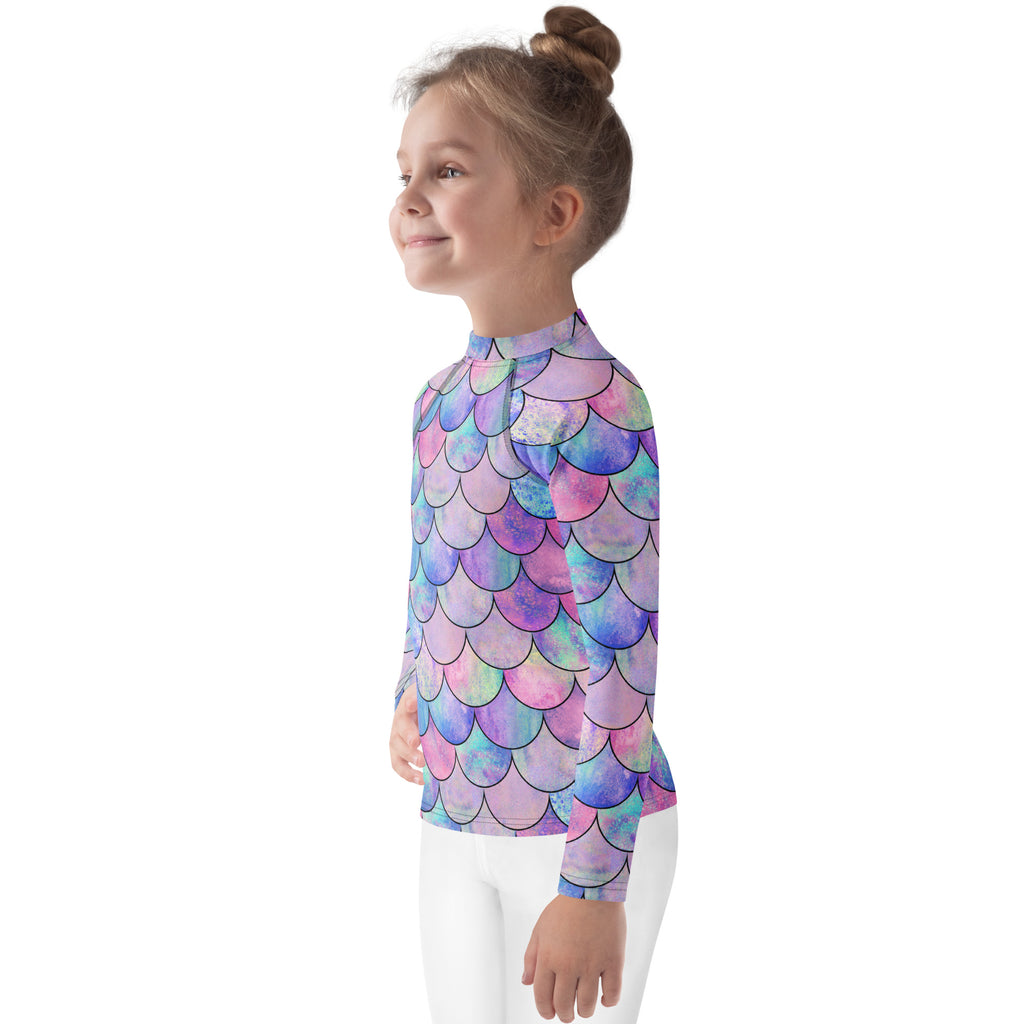 Girls Pastel Mermaid Long Sleeve Rash Guard Swim Shirt With UPF 50+
