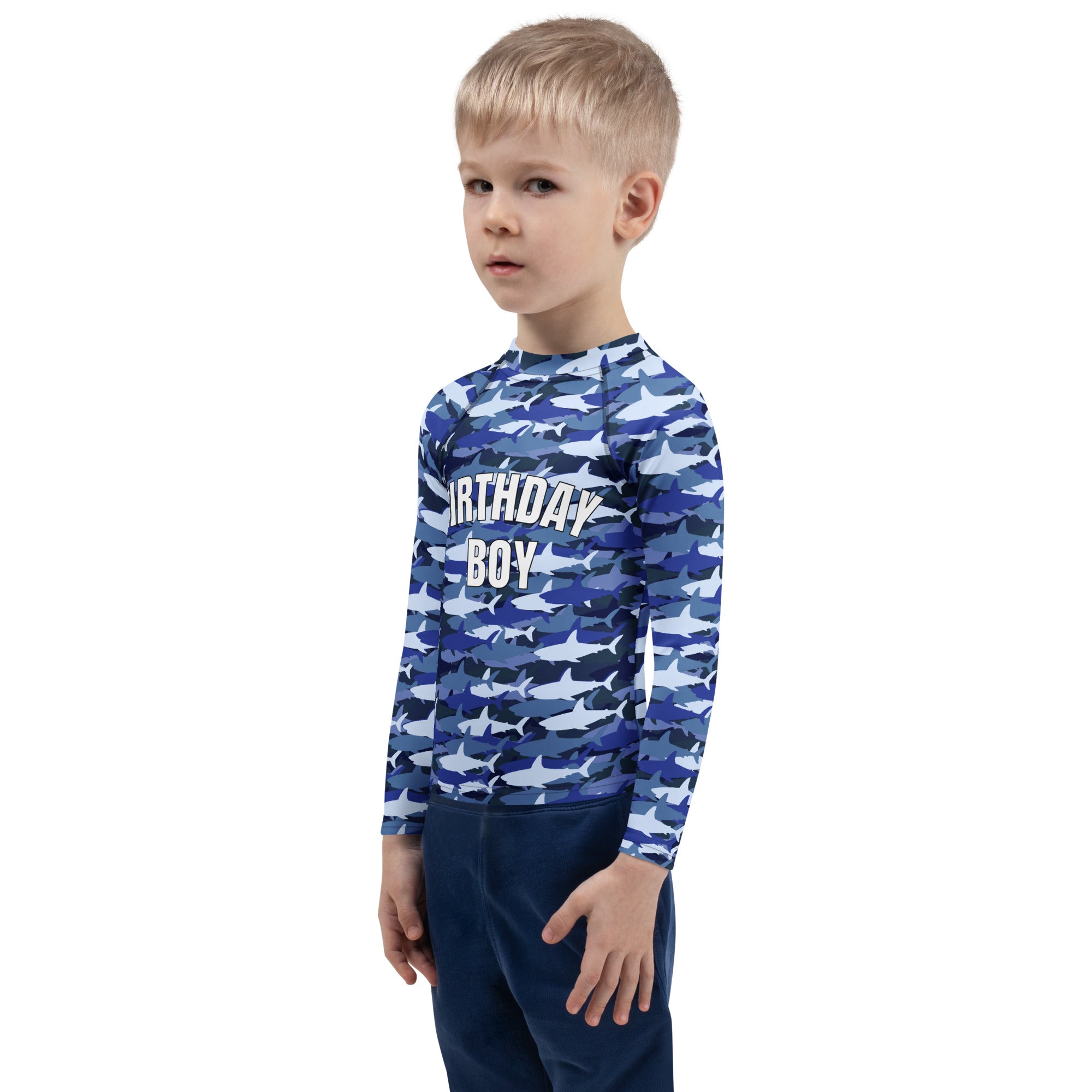 Blue long-sleeved rash guard with shark camouflage pattern and birthday boy text on chest for custom birthdays