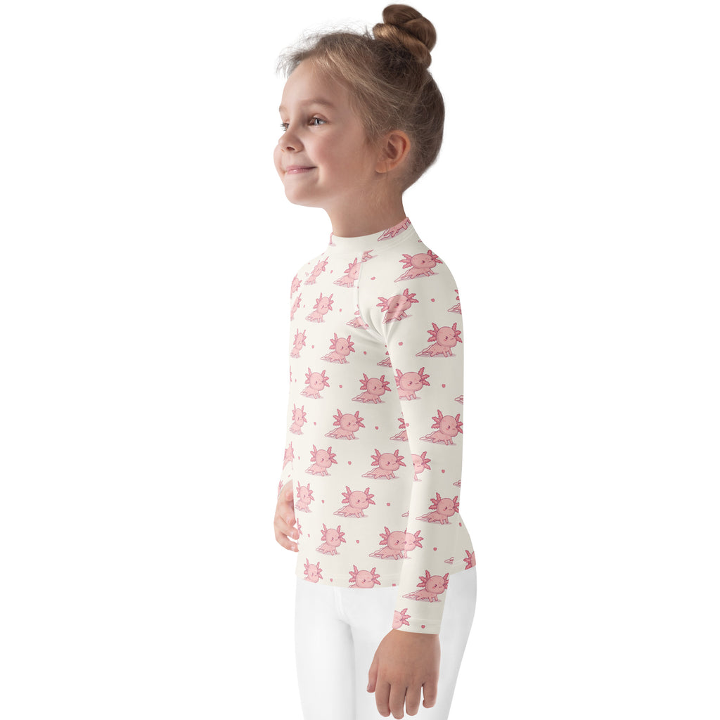 Girls Pink Axolotl Long Sleeve Rash Guard Swim Shirt With UPF 50+