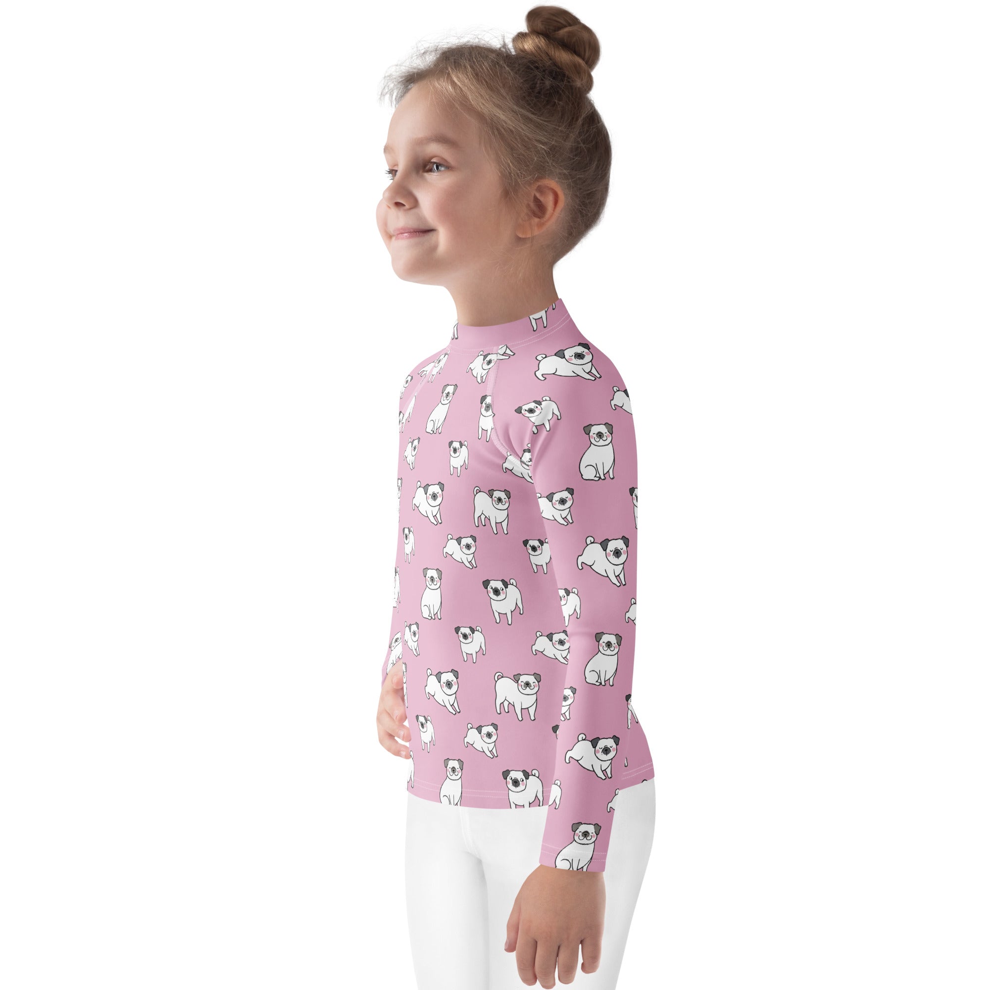 Girls Pink Pug Long Sleeve Rash Guard Swim Shirt With UPF 50+