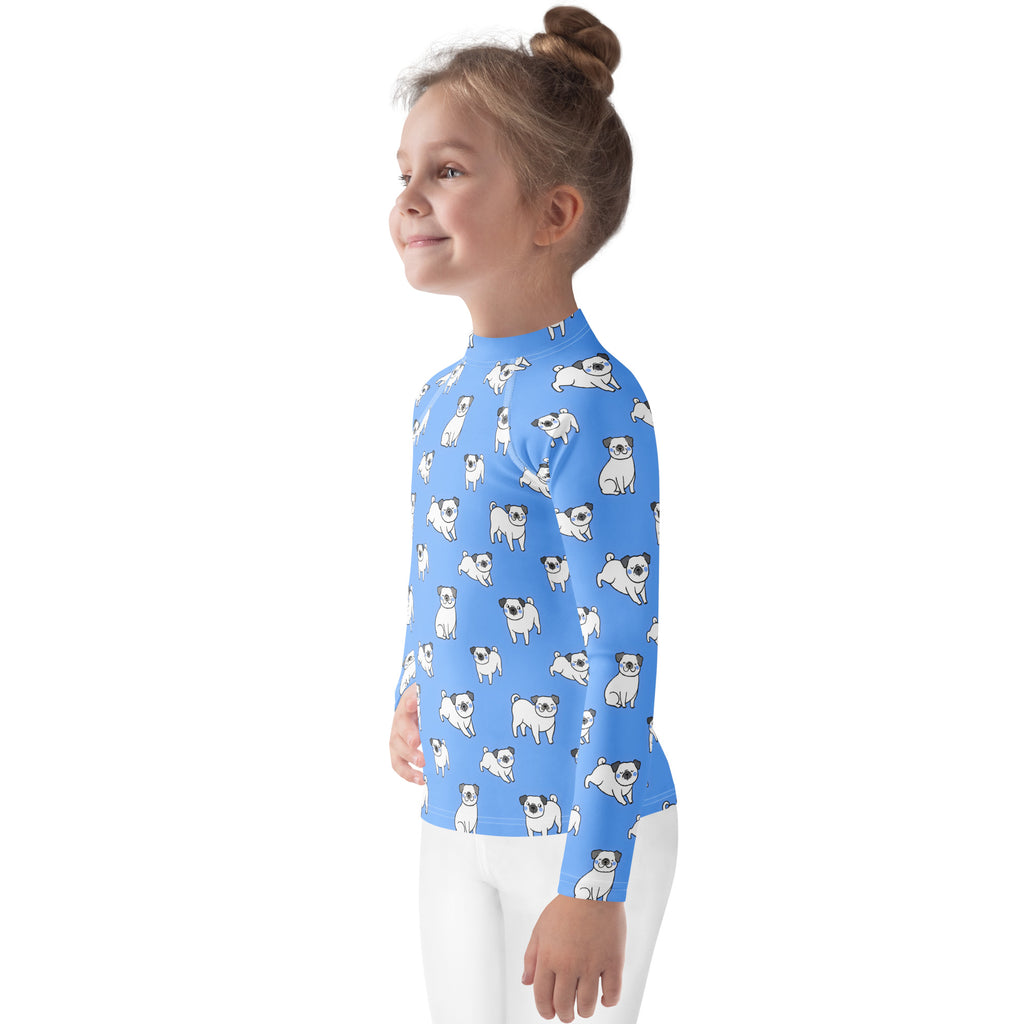 Kids blue long sleeve rash guard swim shirt with playful white pug pattern and upf 50 plus sun protection
