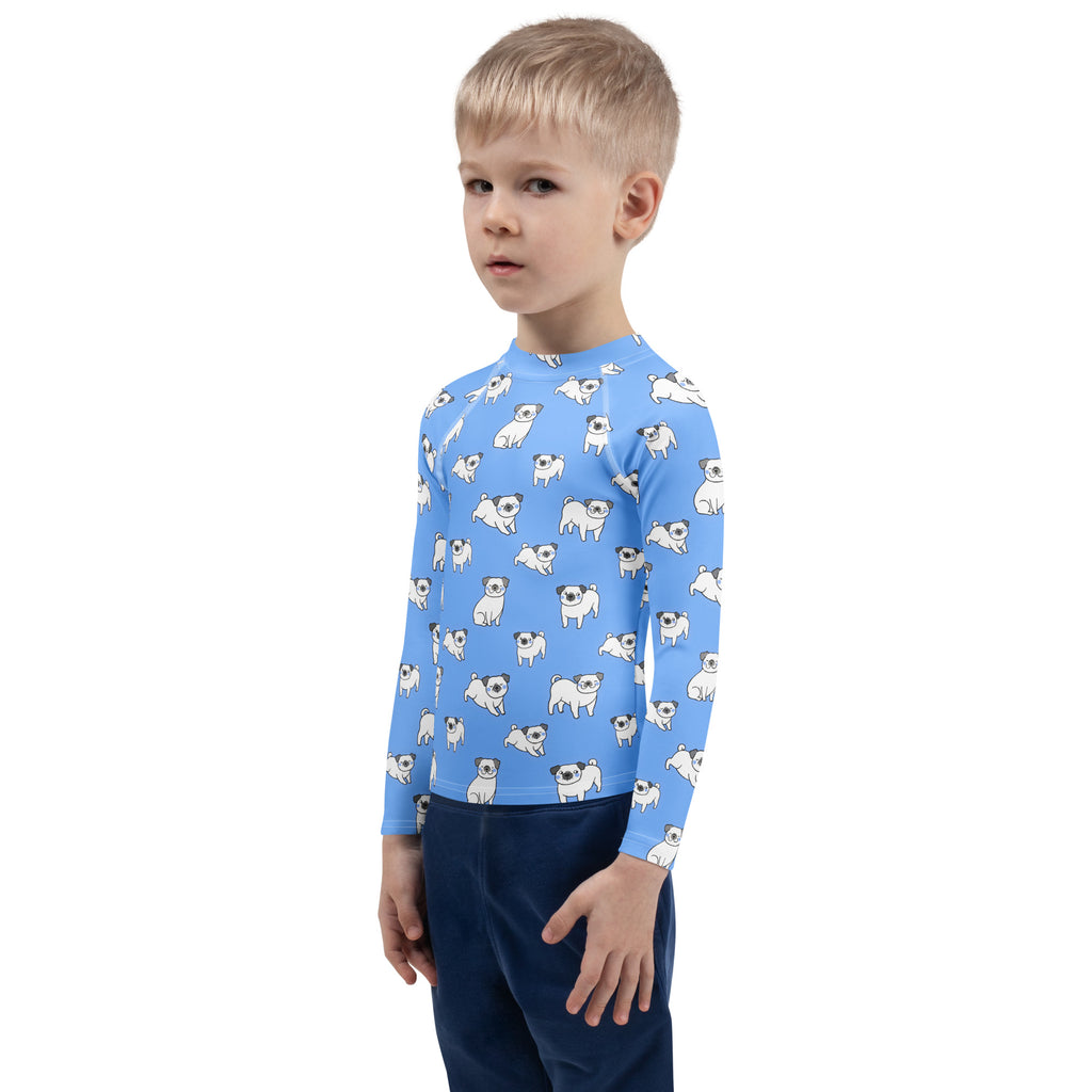 Kids blue long sleeve rash guard swim shirt with white pug pattern and UPF 50 plus for sun protection