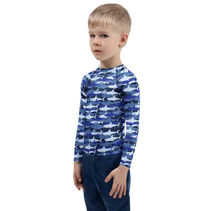 Kids Blue Shark Long Sleeve Rash Guard Swim Shirt With UPF 50+