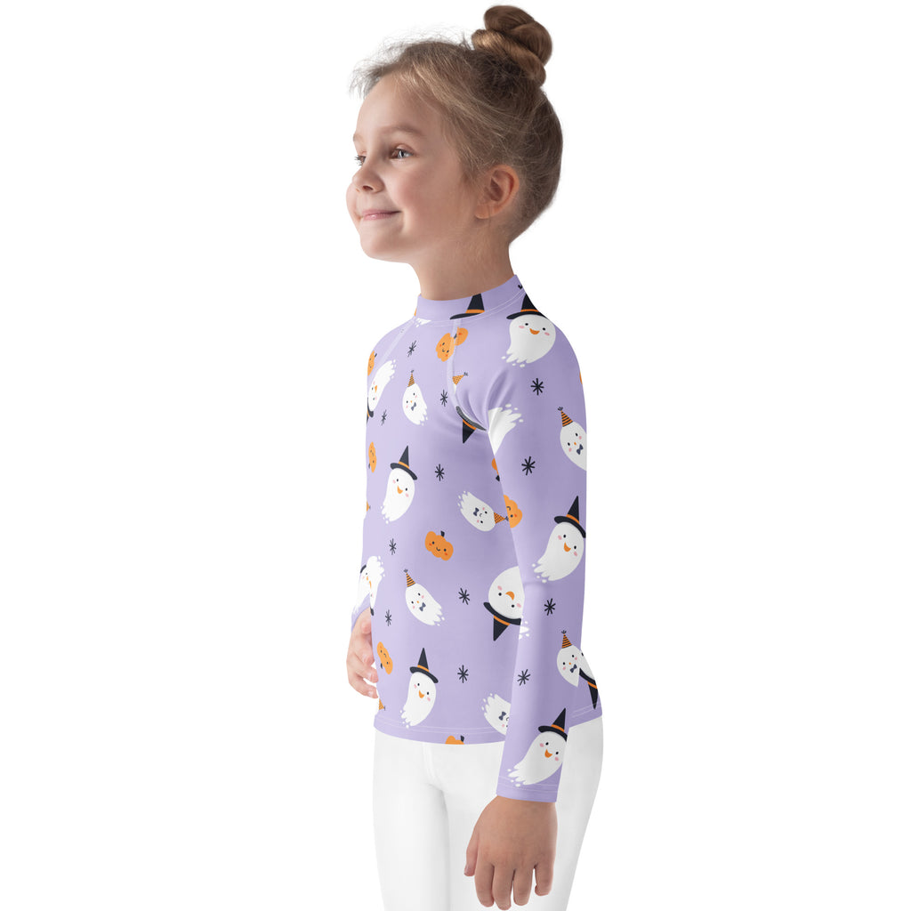 Girls ghost witch long sleeve rash guard swim shirt in lavender with playful white ghosts and orange pumpkins featuring UPF 50+