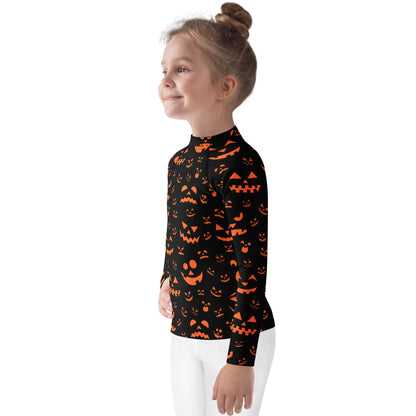 Kids Orange Jack-O'-Lantern Faces Halloween Long Sleeve Rash Guard Swim Shirt With UPF 50+