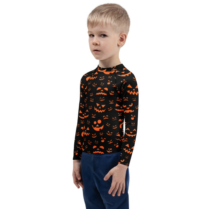 Kids Orange Jack-O'-Lantern Faces Halloween Long Sleeve Rash Guard Swim Shirt With UPF 50+