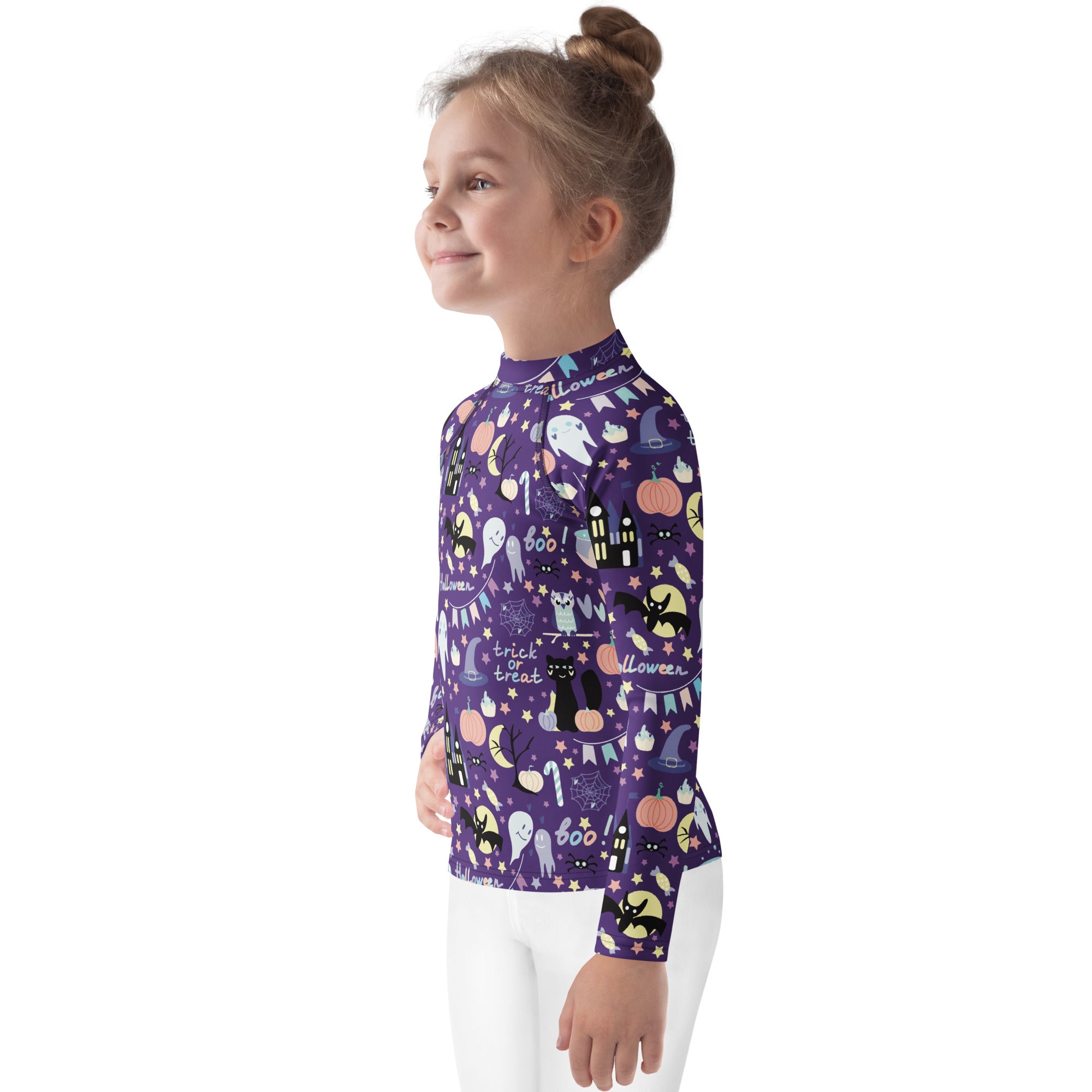 Kids spooky halloween long sleeve rash guard swim shirt purple with playful ghost pumpkin and cat graphics and upf 50+