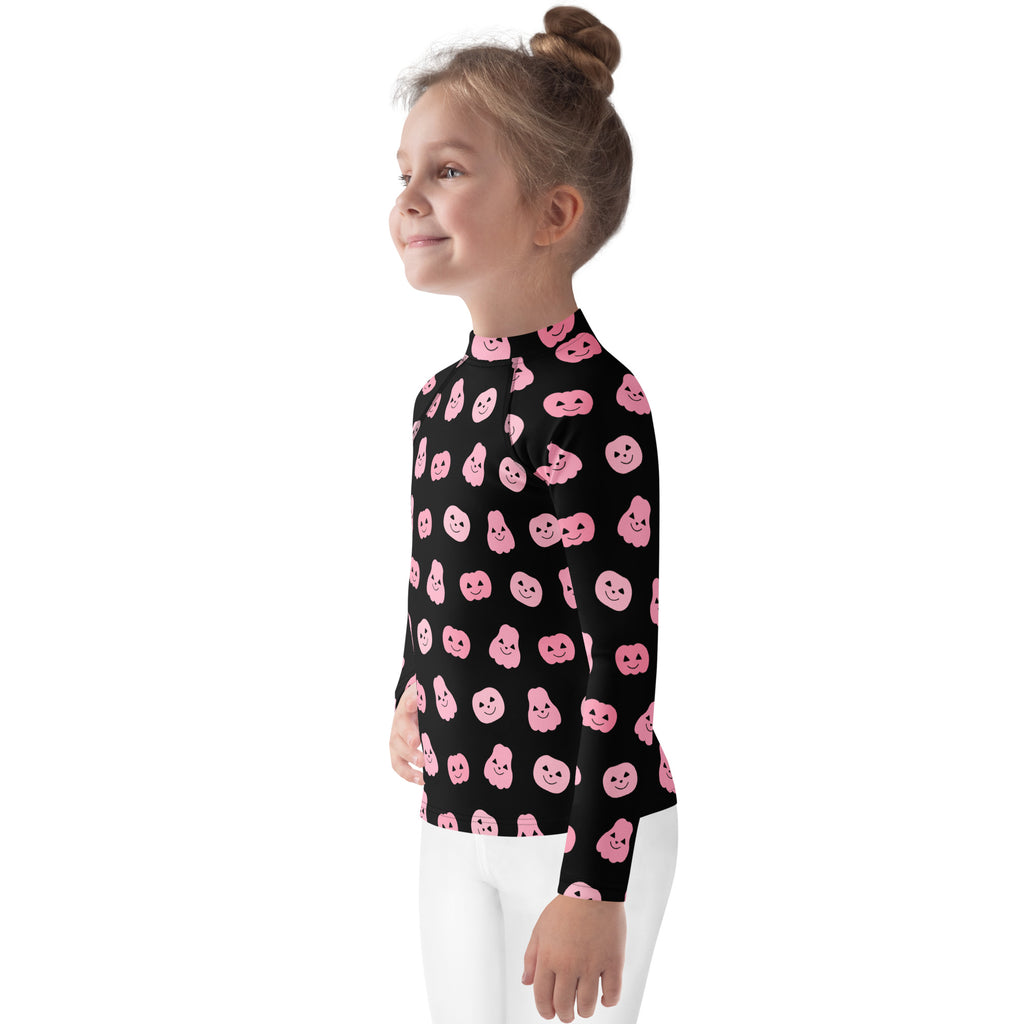 Girls Pink Pumpkins Halloween Long Sleeve Rash Guard Swim Shirt With UPF 50+