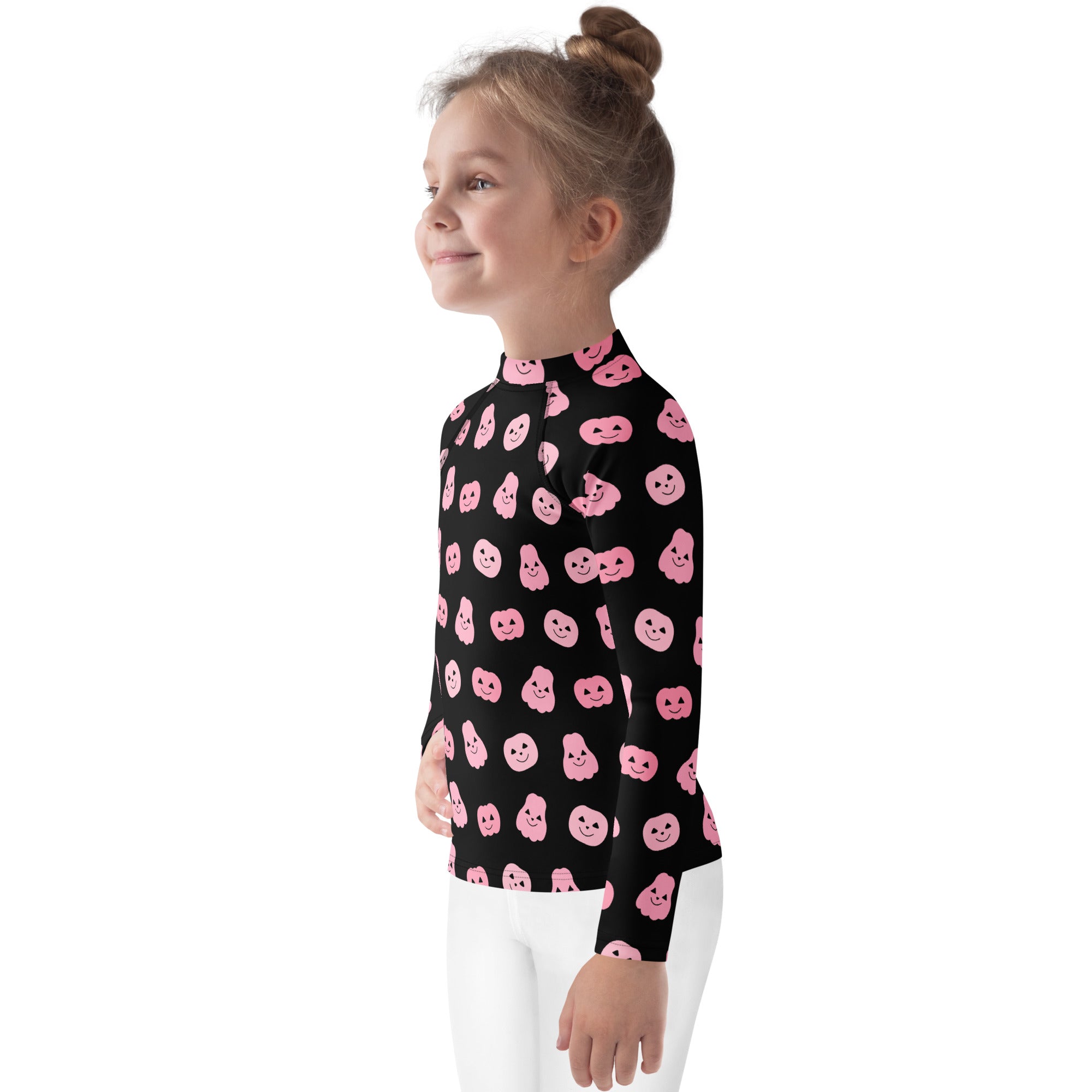 Girls Pink Pumpkins Halloween Long Sleeve Rash Guard Swim Shirt With UPF 50+