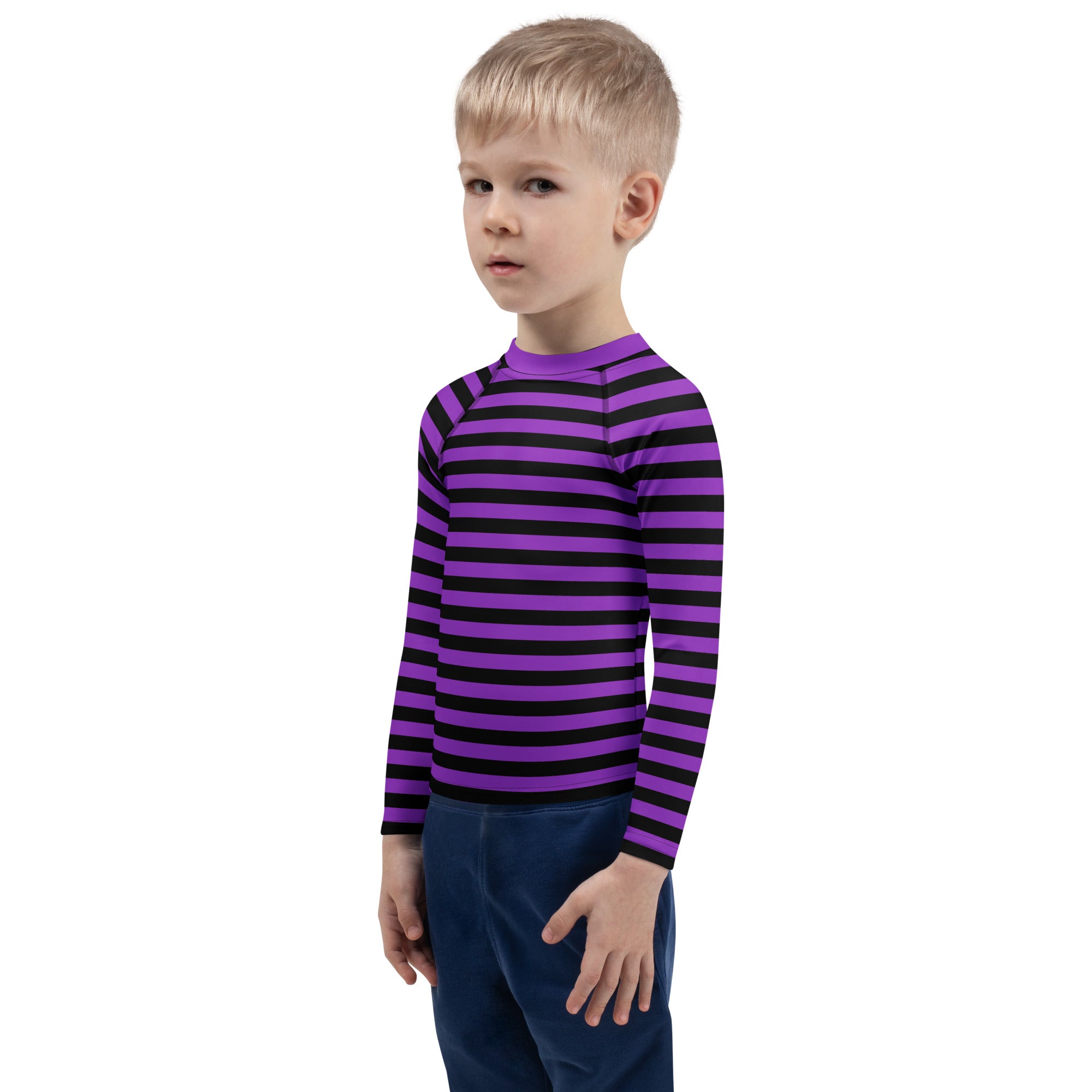 Kids purple and black horizontally striped long sleeve rash guard swim shirt with UPF 50 plus for sun protection