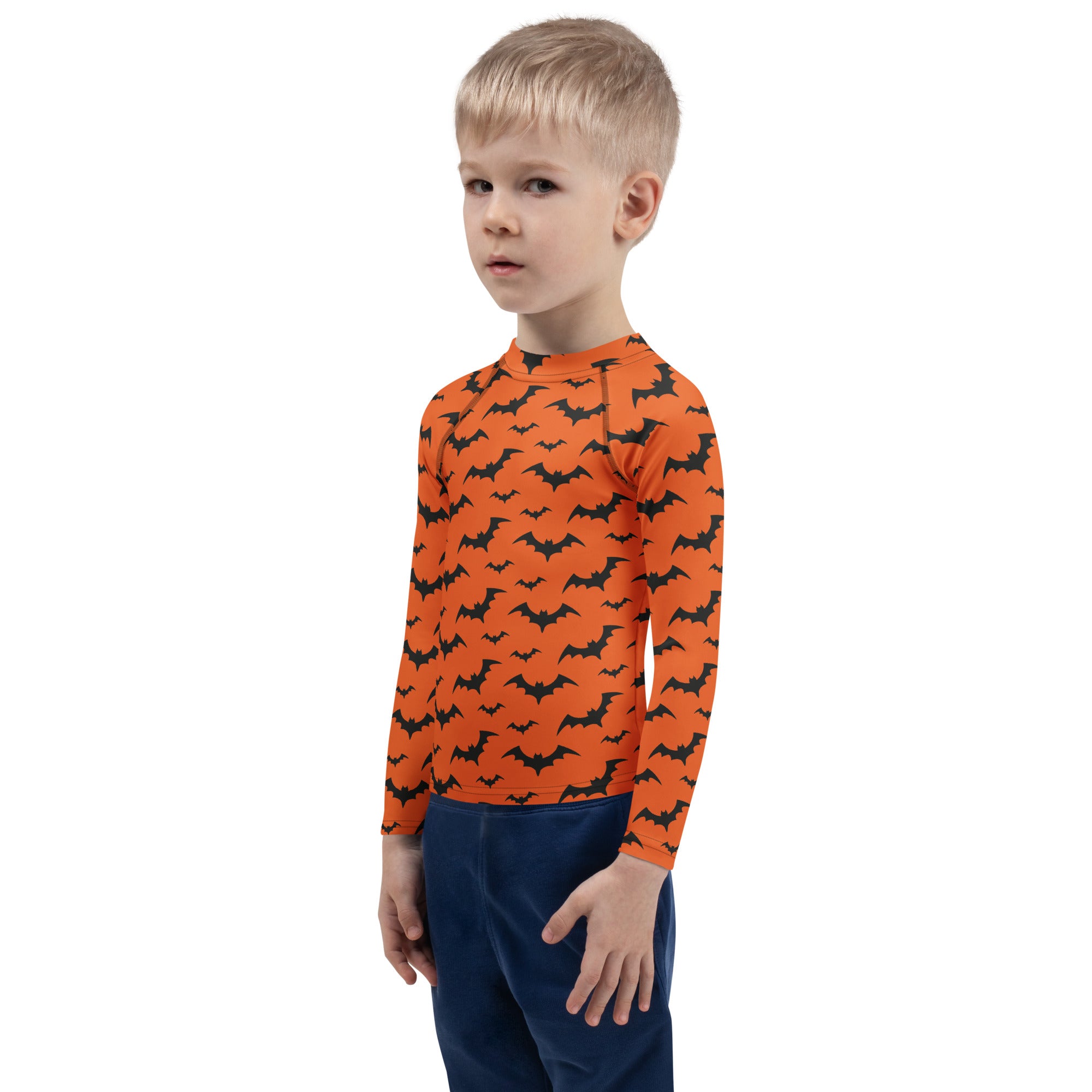 Kids orange long sleeve rash guard with black bat pattern for Halloween swim shirt with UPF 50 plus protection