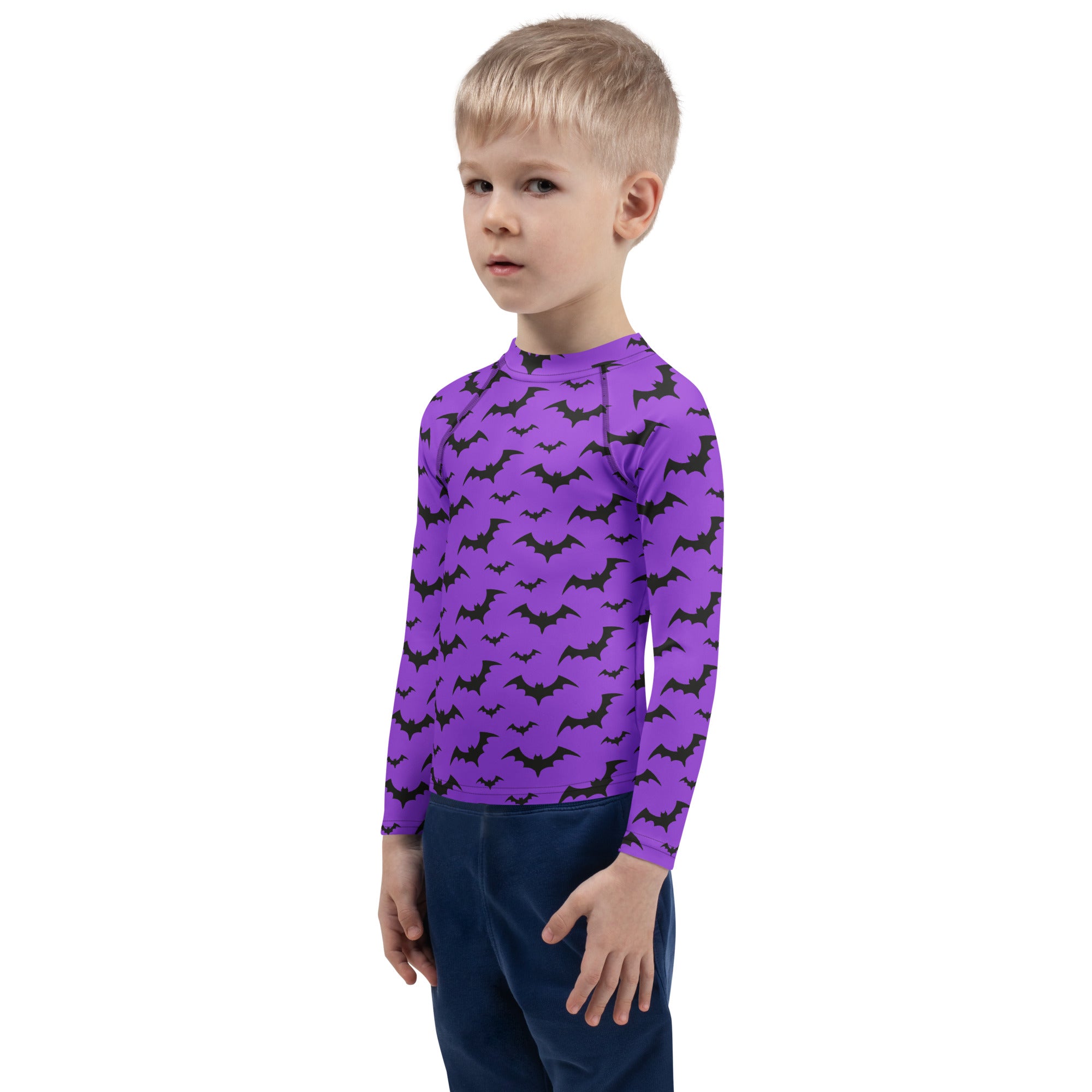 Kids purple long sleeve rash guard swim shirt with black bat patterns and UPF 50 plus sun protection for Halloween