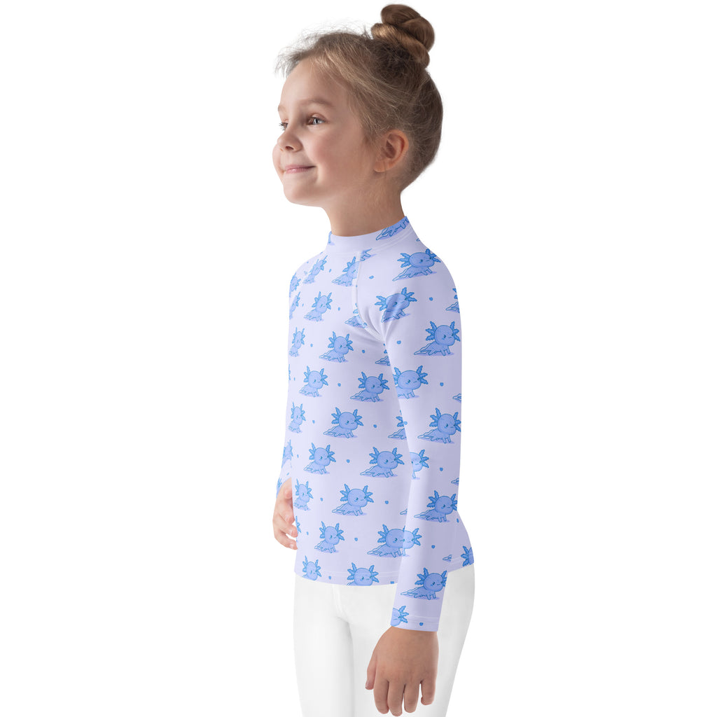 Kids Blue Axolotl Long Sleeve Rash Guard Swim Shirt With UPF 50+