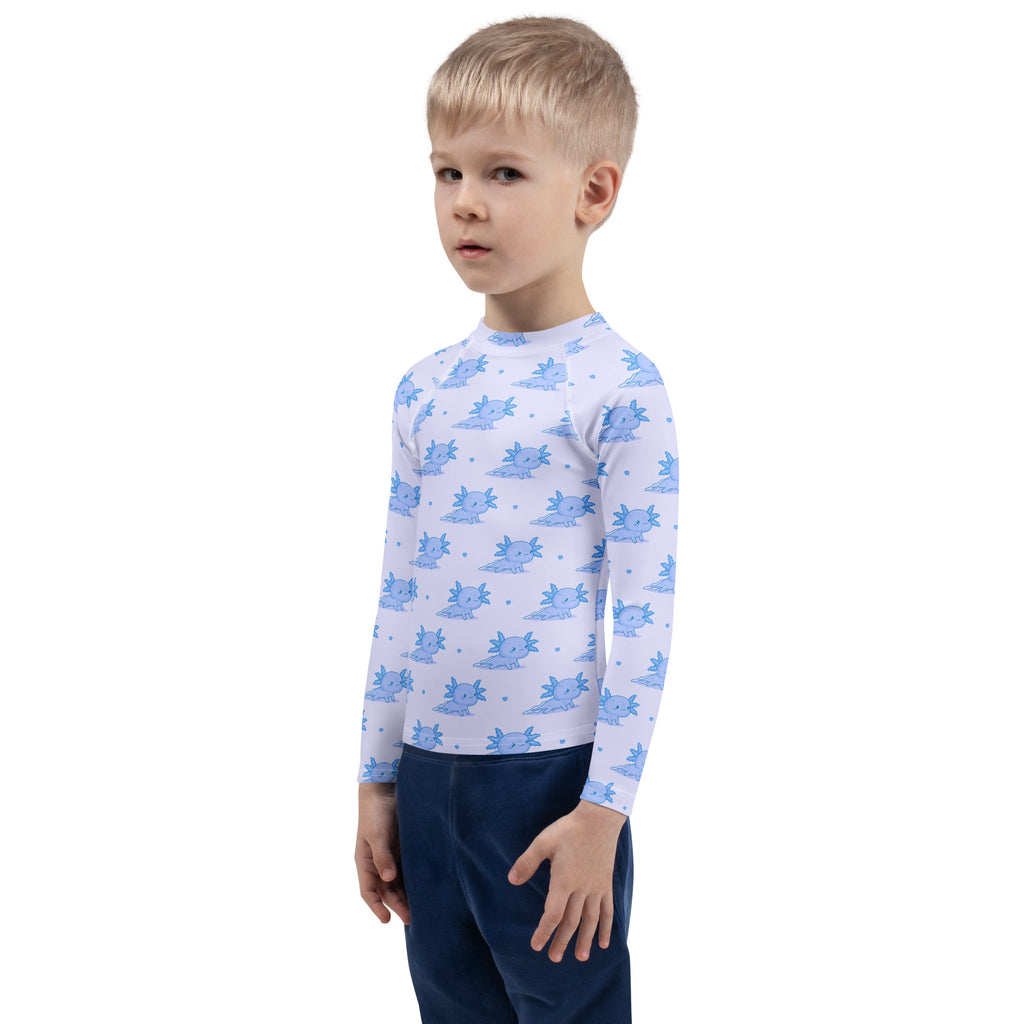 Kids Blue Axolotl Long Sleeve Rash Guard Swim Shirt With UPF 50+