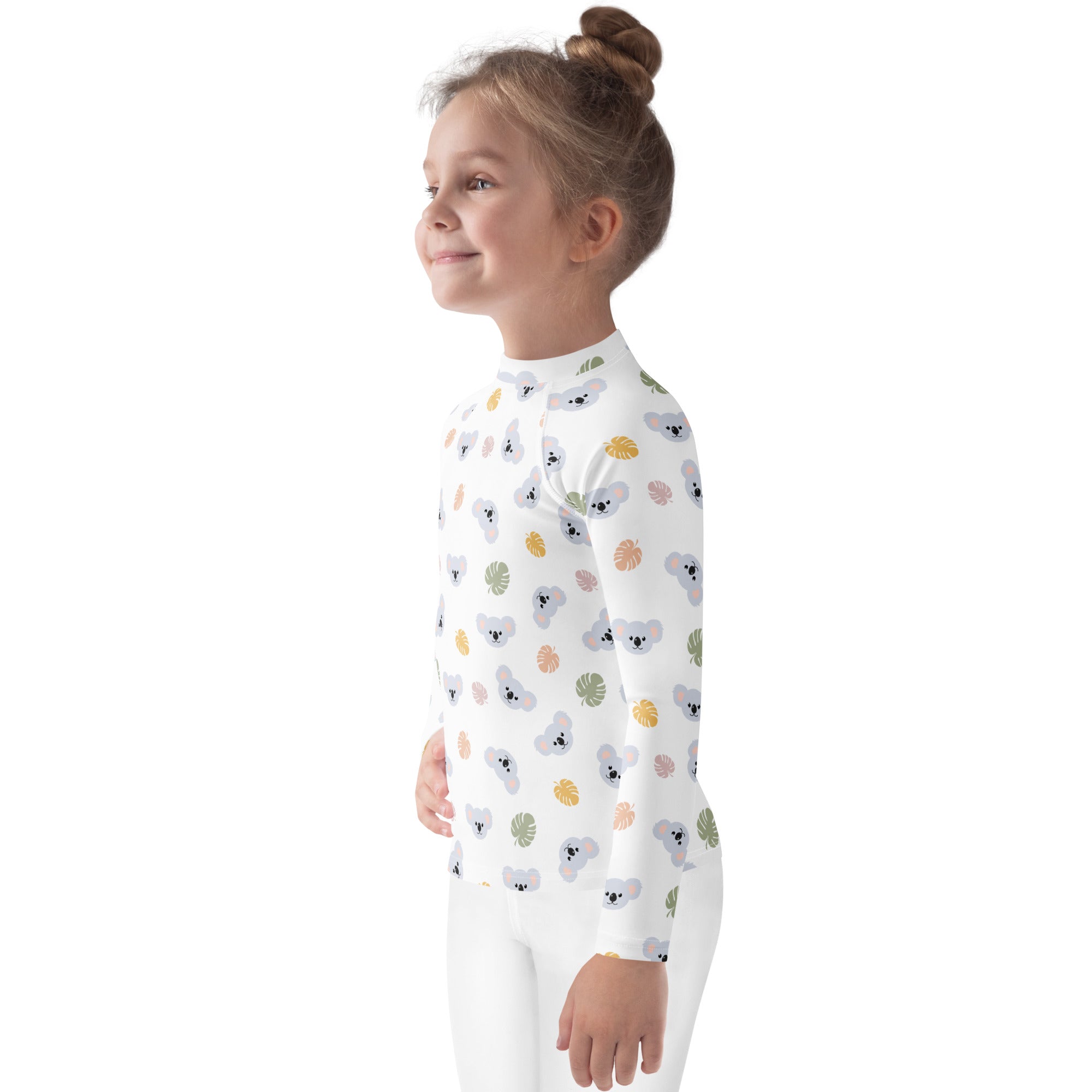 White long sleeve kids rash guard swim shirt with gray koalas colorful tropical leaves and upf 50 plus protection