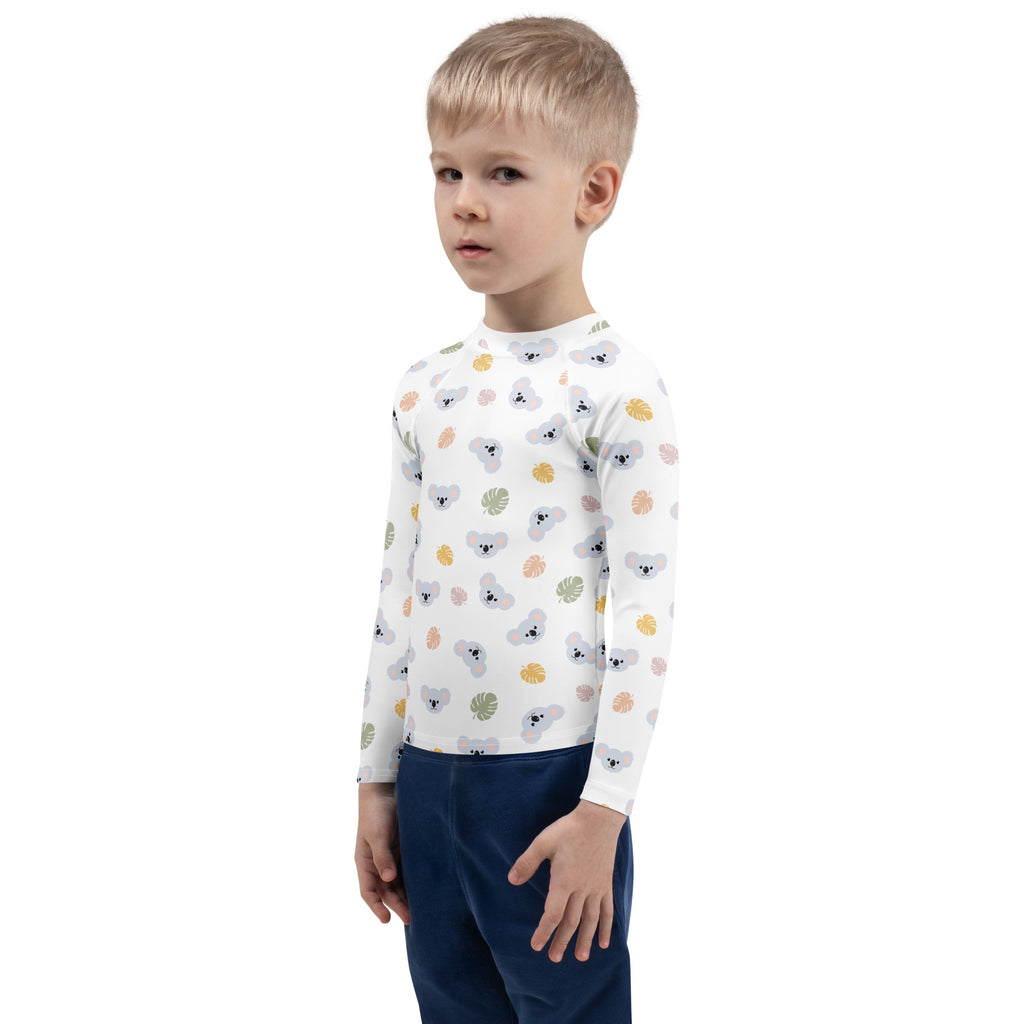 Kids koala bear long sleeve rash guard swim shirt with upf 50 plus white shirt with gray koalas and colorful leaves pattern