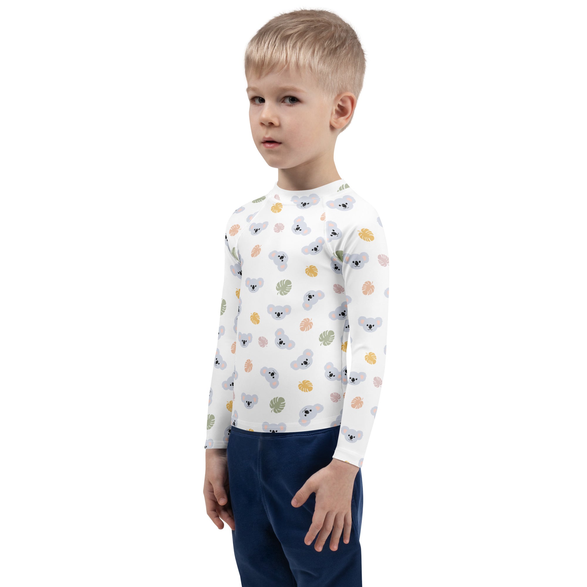 Kids koala bear long sleeve rash guard swim shirt with upf 50 plus white shirt with gray koalas and colorful leaves pattern