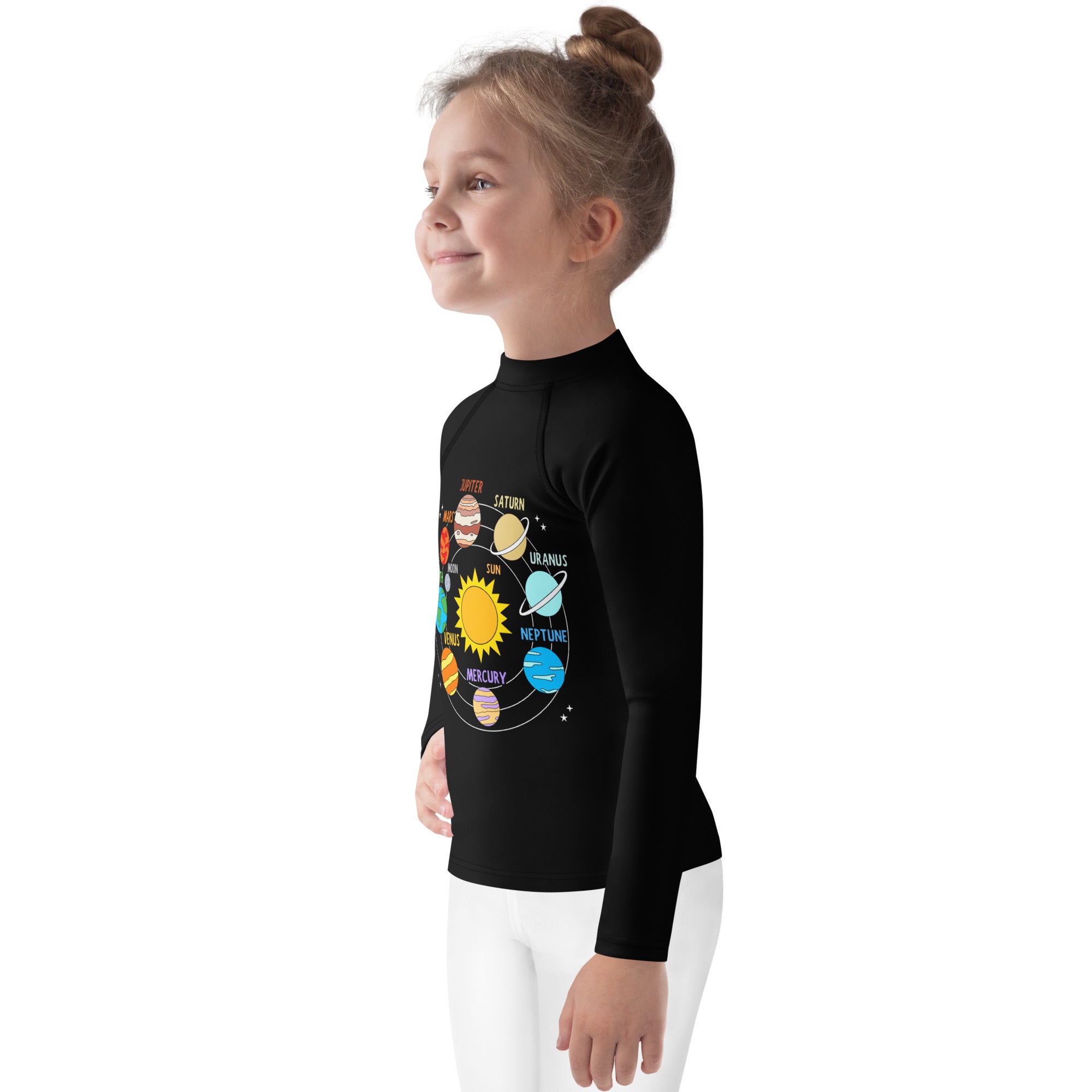 Black long-sleeved rash guard with colorful cartoon solar system design and labeled planets for kids swimwear upf 50+