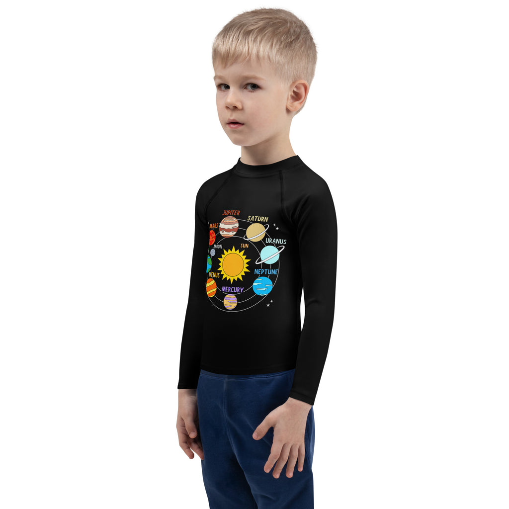 Black long sleeve rash guard swim shirt with colorful labeled solar system planets illustration and UPF 50 plus protection