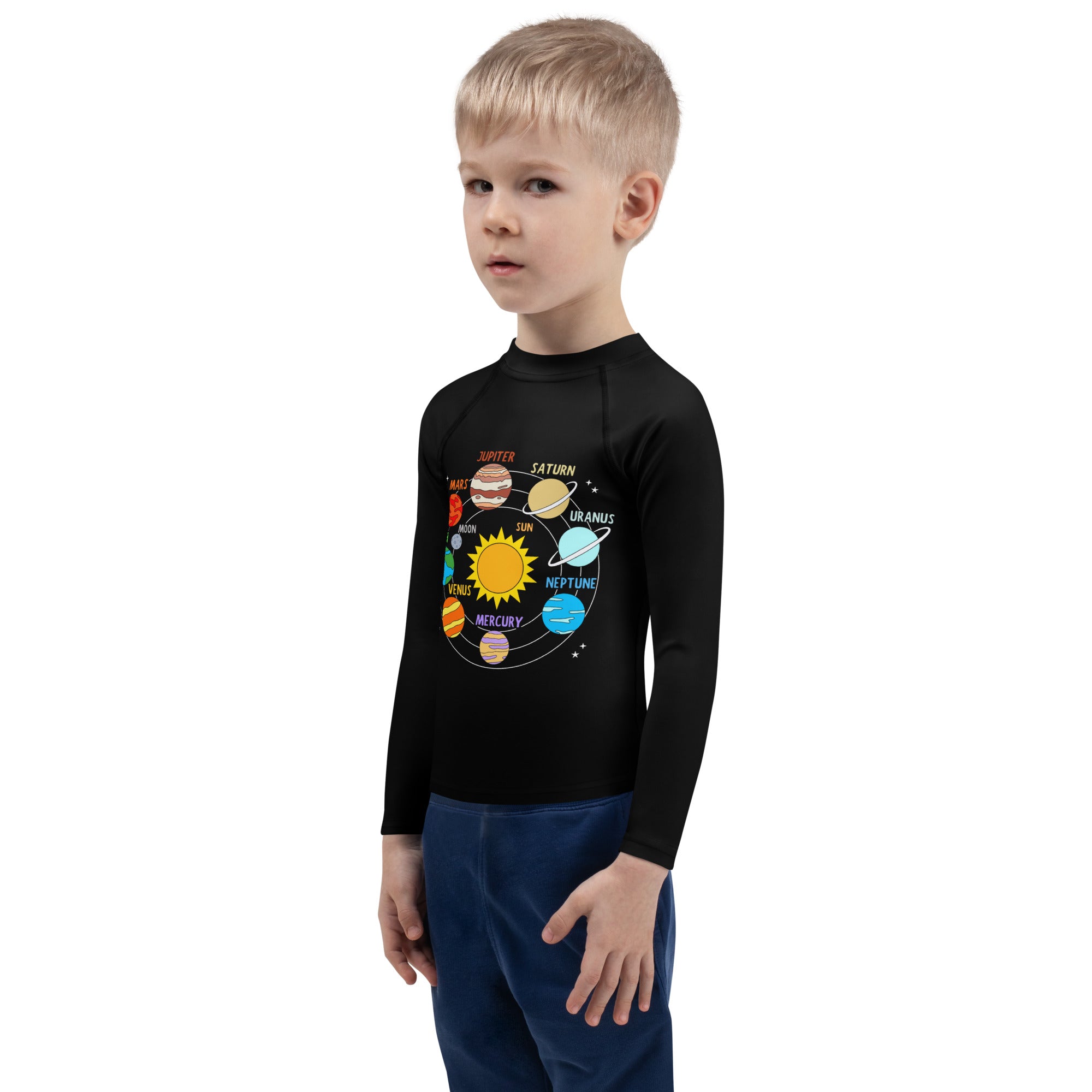 Black long sleeve rash guard swim shirt with colorful labeled solar system planets illustration and UPF 50 plus protection