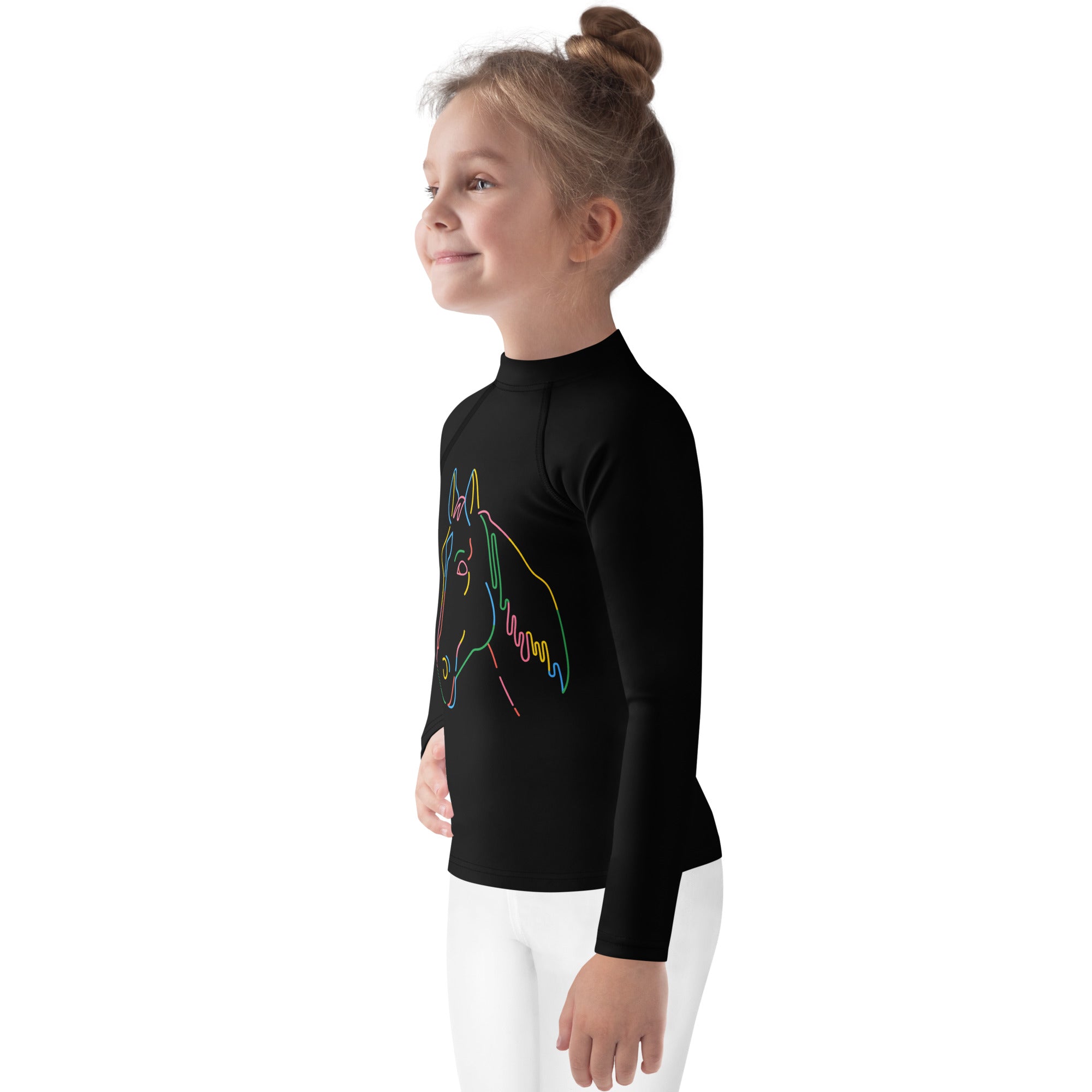 Black long sleeve rash guard with vibrant rainbow-outlined unicorn head and UPF 50 plus for kids swim protection