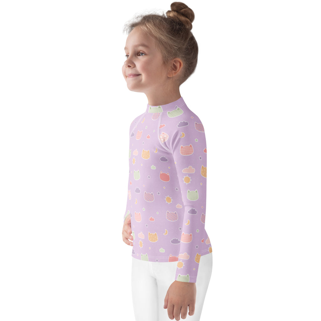 Girls Pastel Purple Kawaii Cats & Clouds Long Sleeve Rash Guard Swim Shirt With UPF 50+