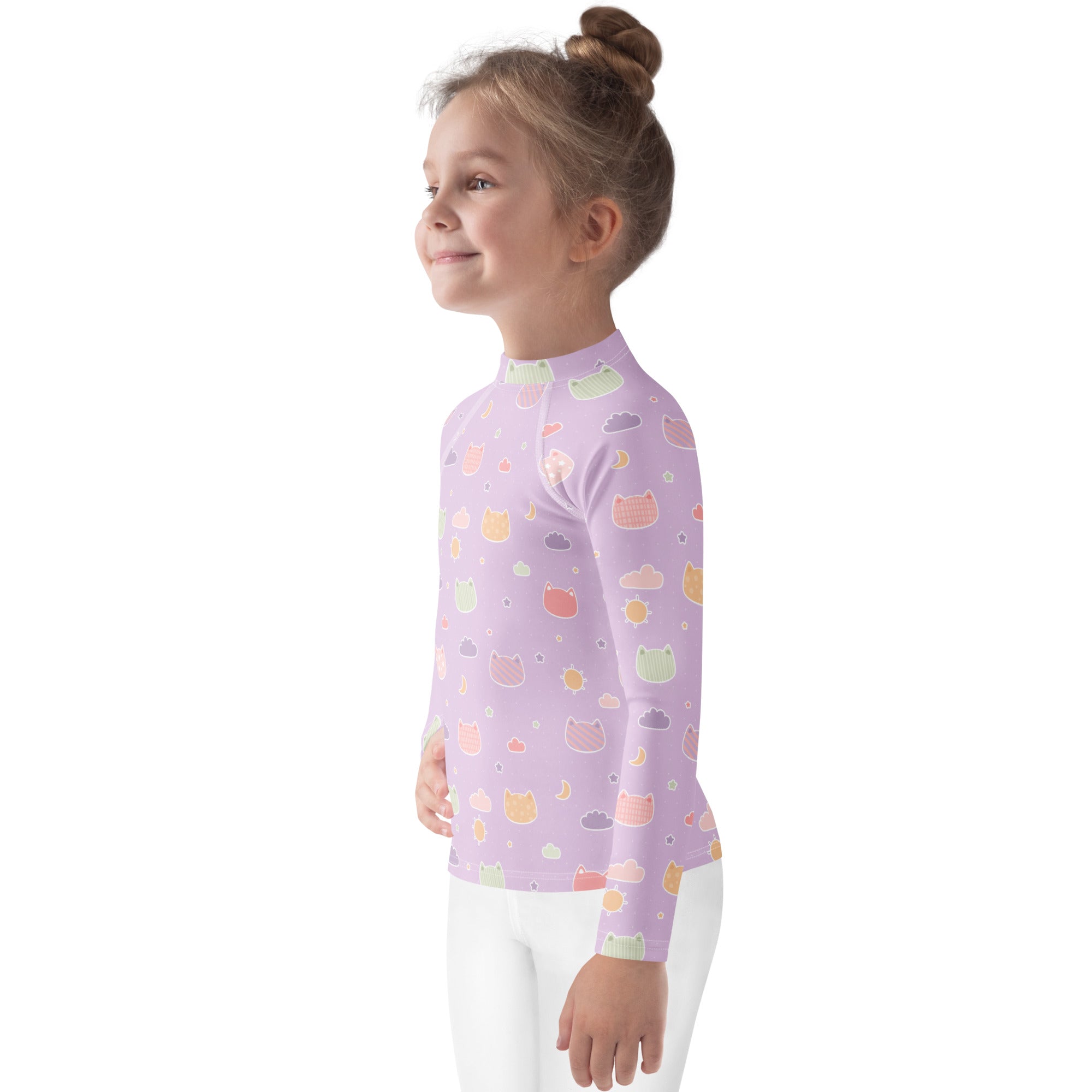 Girls Pastel Purple Kawaii Cats & Clouds Long Sleeve Rash Guard Swim Shirt With UPF 50+
