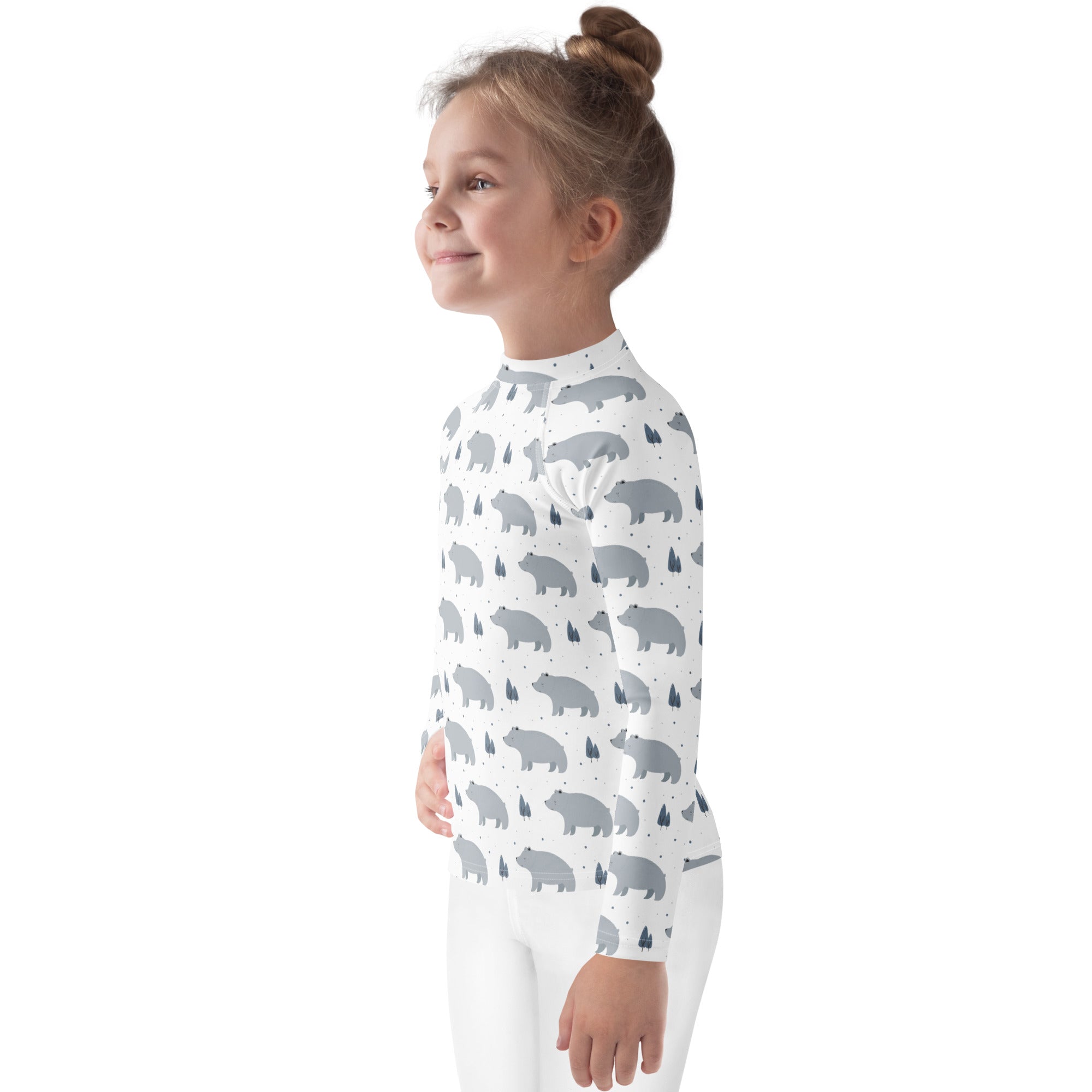 Kids polar bear long sleeve rash guard swim shirt white with gray bear and tree pattern and upf 50+ protection