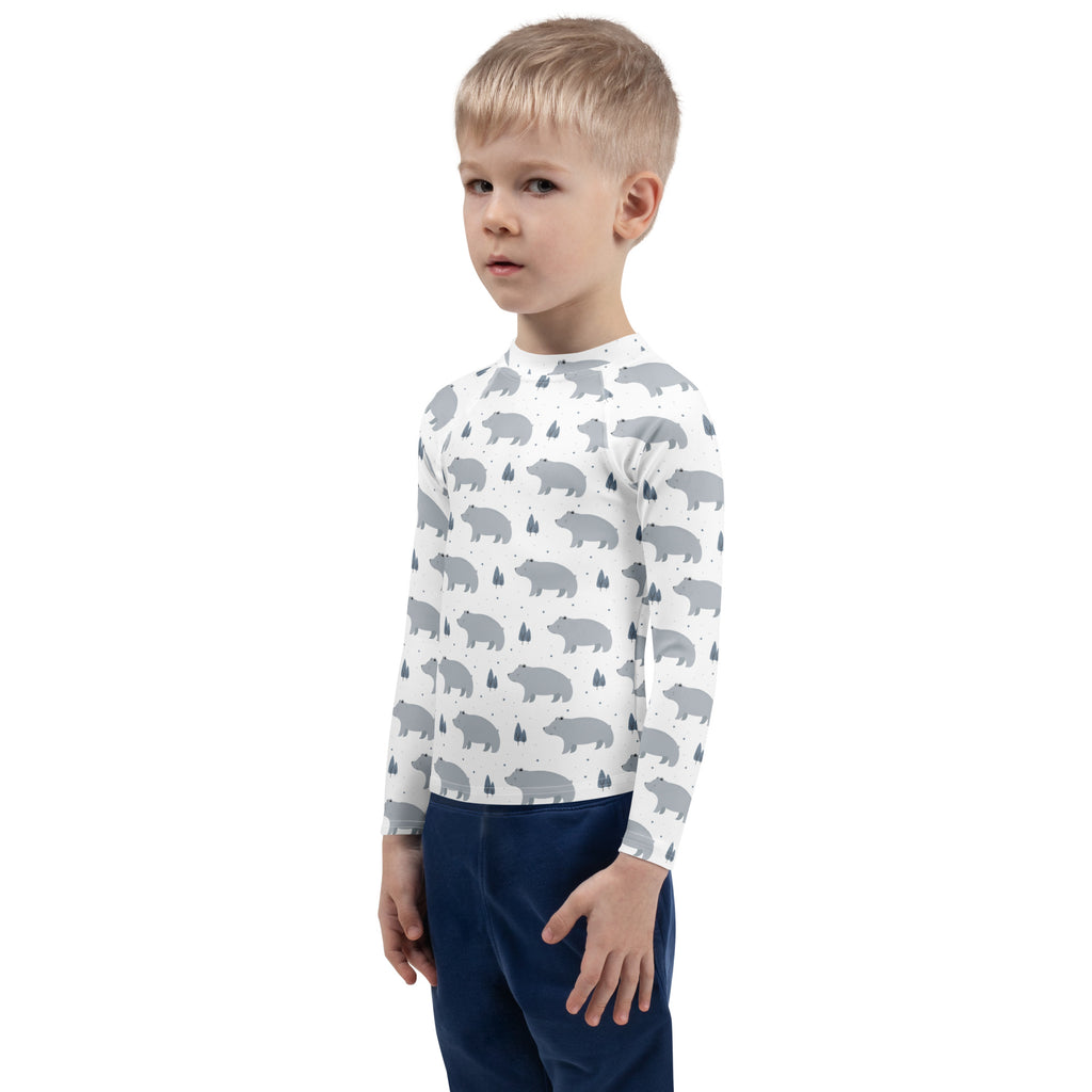 Kids polar bear long sleeve rash guard swim shirt with upf 50 plus white with gray bear and tree patterns