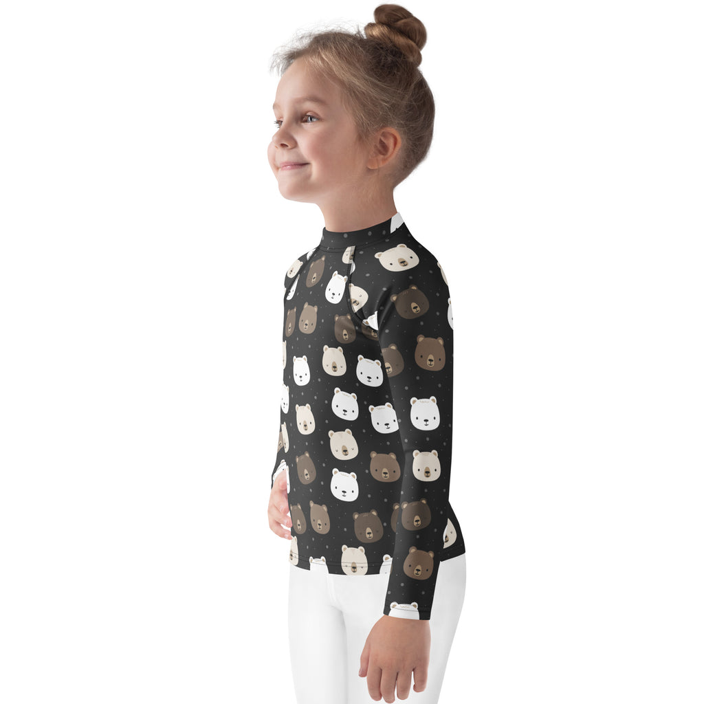 Black kids long sleeve rash guard with playful white and brown bear faces and upf 50 plus for swim protection