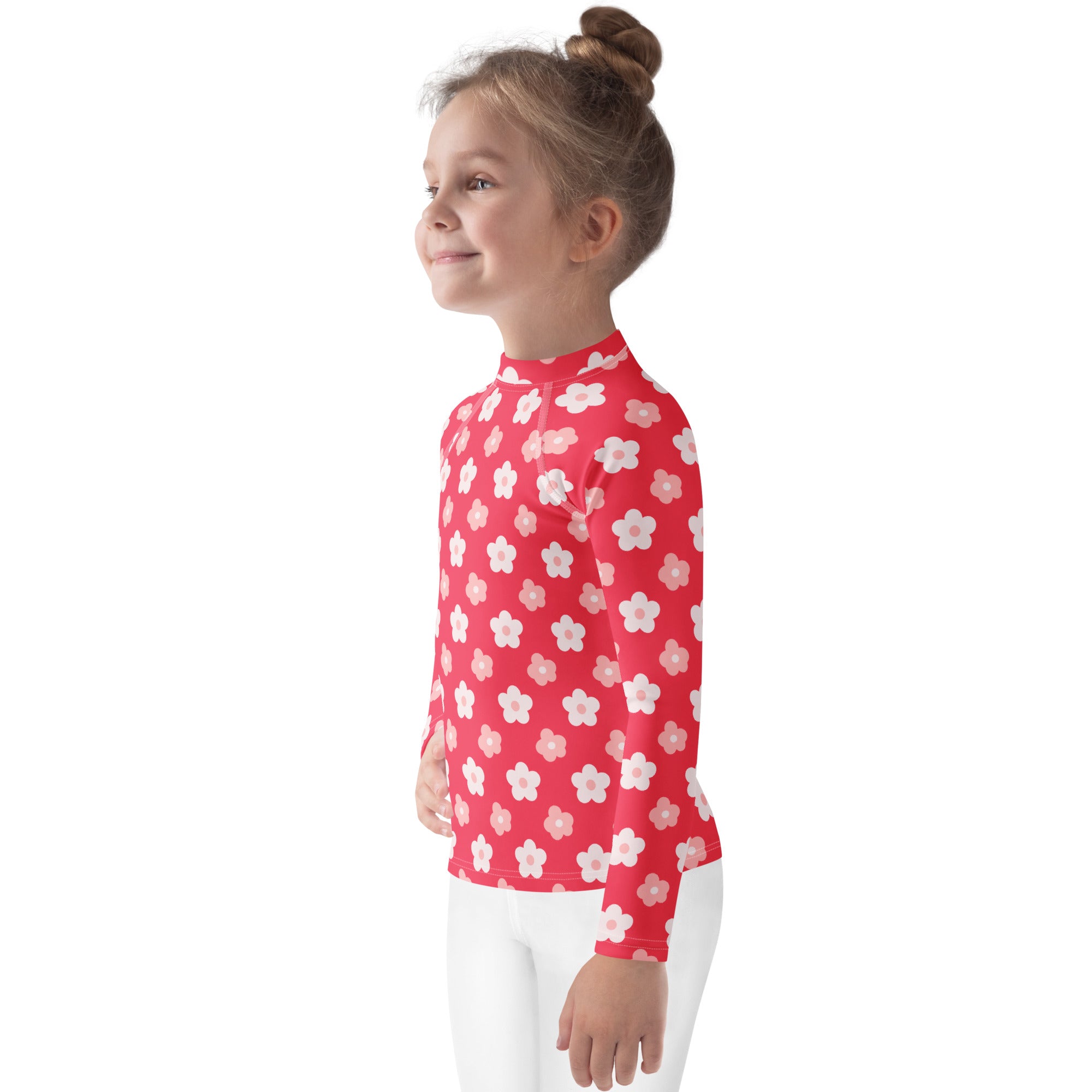 Girls red long sleeve rash guard swim shirt with white and pink floral pattern and UPF 50 plus sun protection