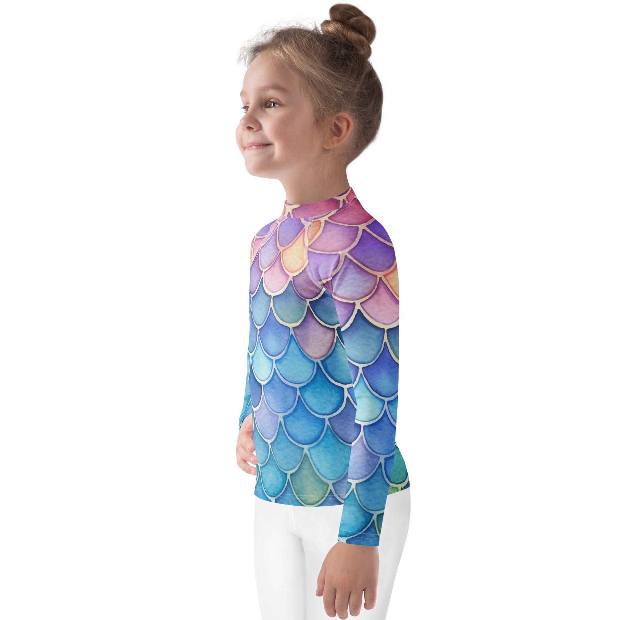 Girls watercolor rainbow mermaid long sleeve rash guard swim shirt in a purple pink blue green gradient with upf 50 plus
