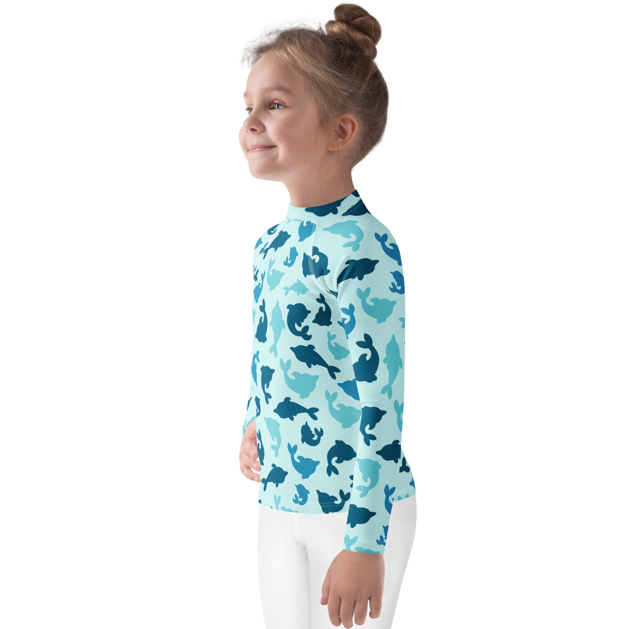 Kids blue dolphin long sleeve rash guard swim shirt with UPF 50 plus featuring playful blue dolphin pattern