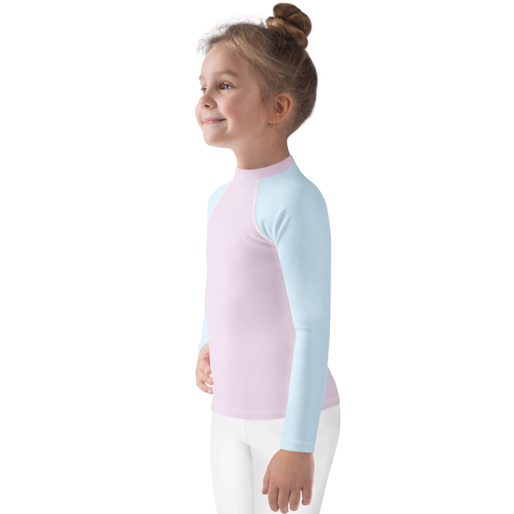 Girls pink and blue cotton candy long sleeve rash guard swim shirt with upf 50 plus in pastel colors