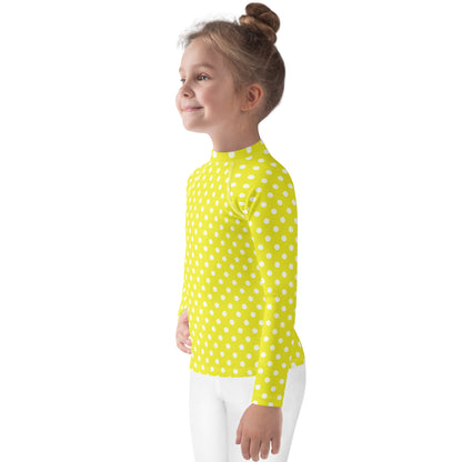 Kids Yellow Polka Dots Long Sleeve Rash Guard Swim Shirt With UPF 50+