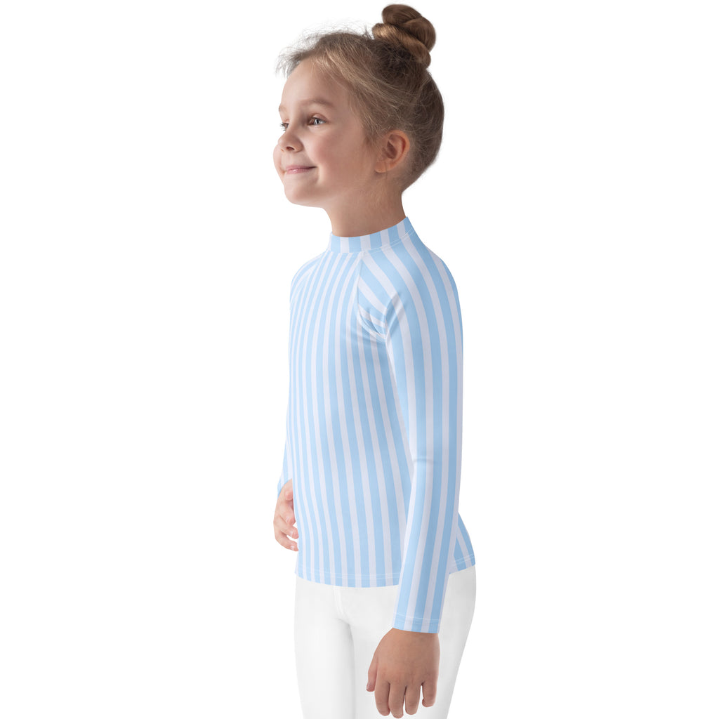 A child wearing a kids blue striped long sleeve rash guard swim shirt with upf 50+ for sun protection