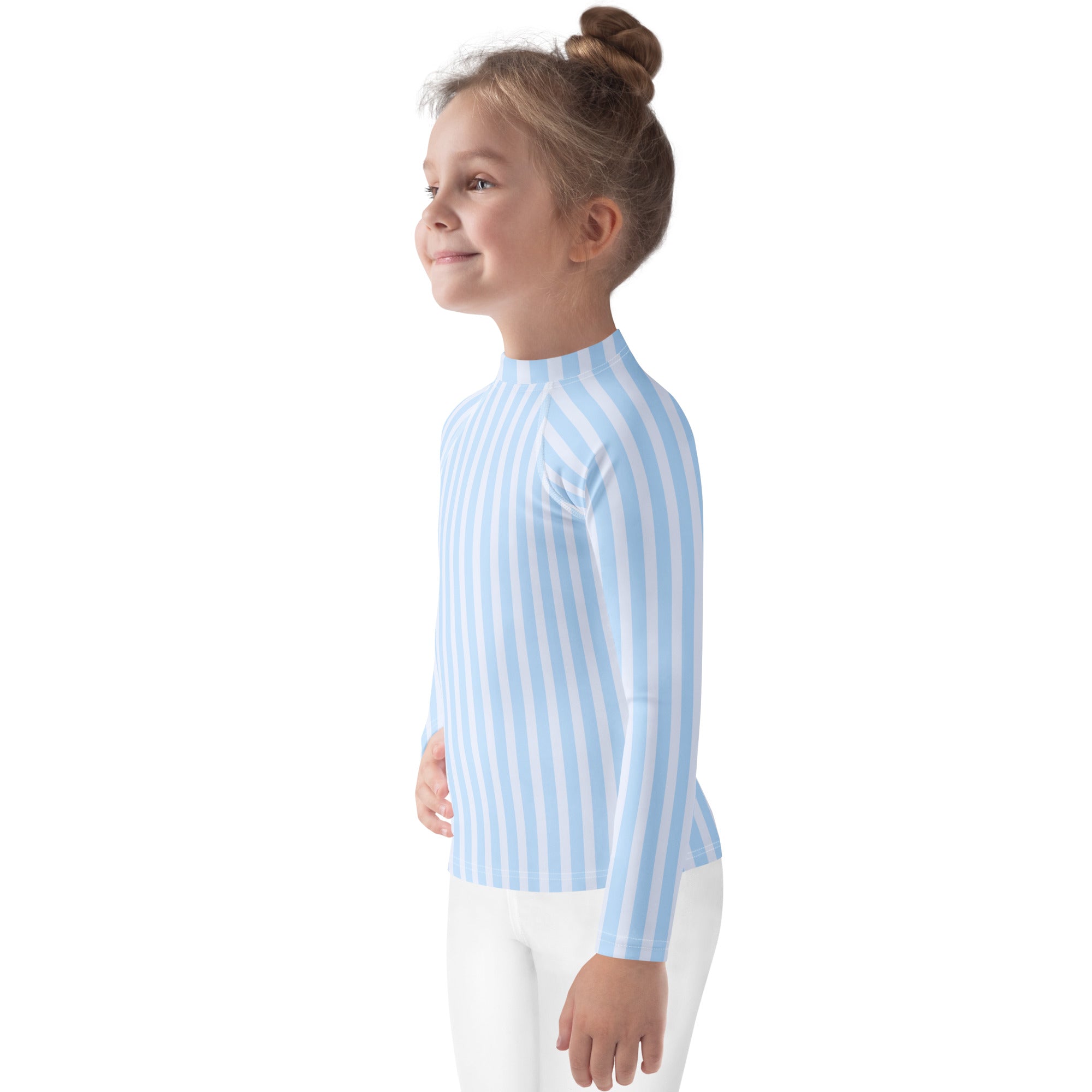 A child wearing a kids blue striped long sleeve rash guard swim shirt with upf 50+ for sun protection