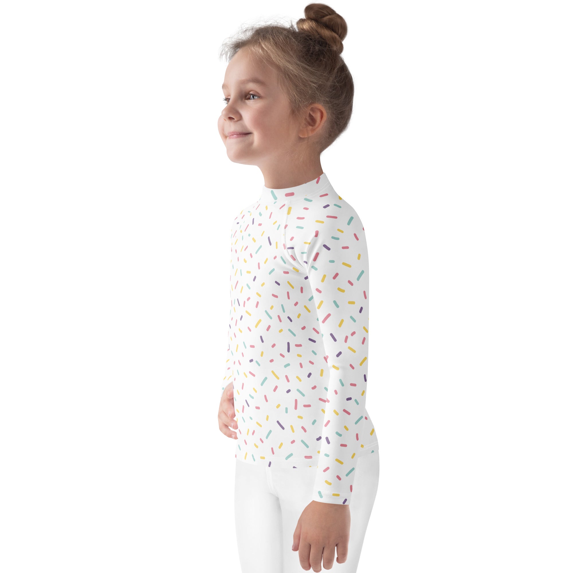 White kids long sleeve rash guard swim shirt with colorful sprinkles pattern and UPF 50 plus sun protection