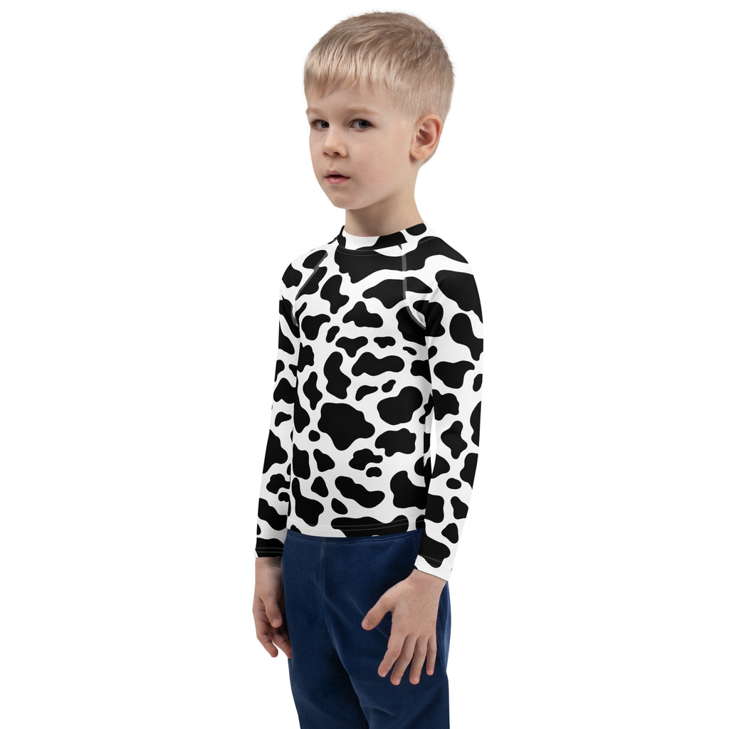 Kids cow print long sleeve rash guard swim shirt with upf 50+ in black and white for sun protection