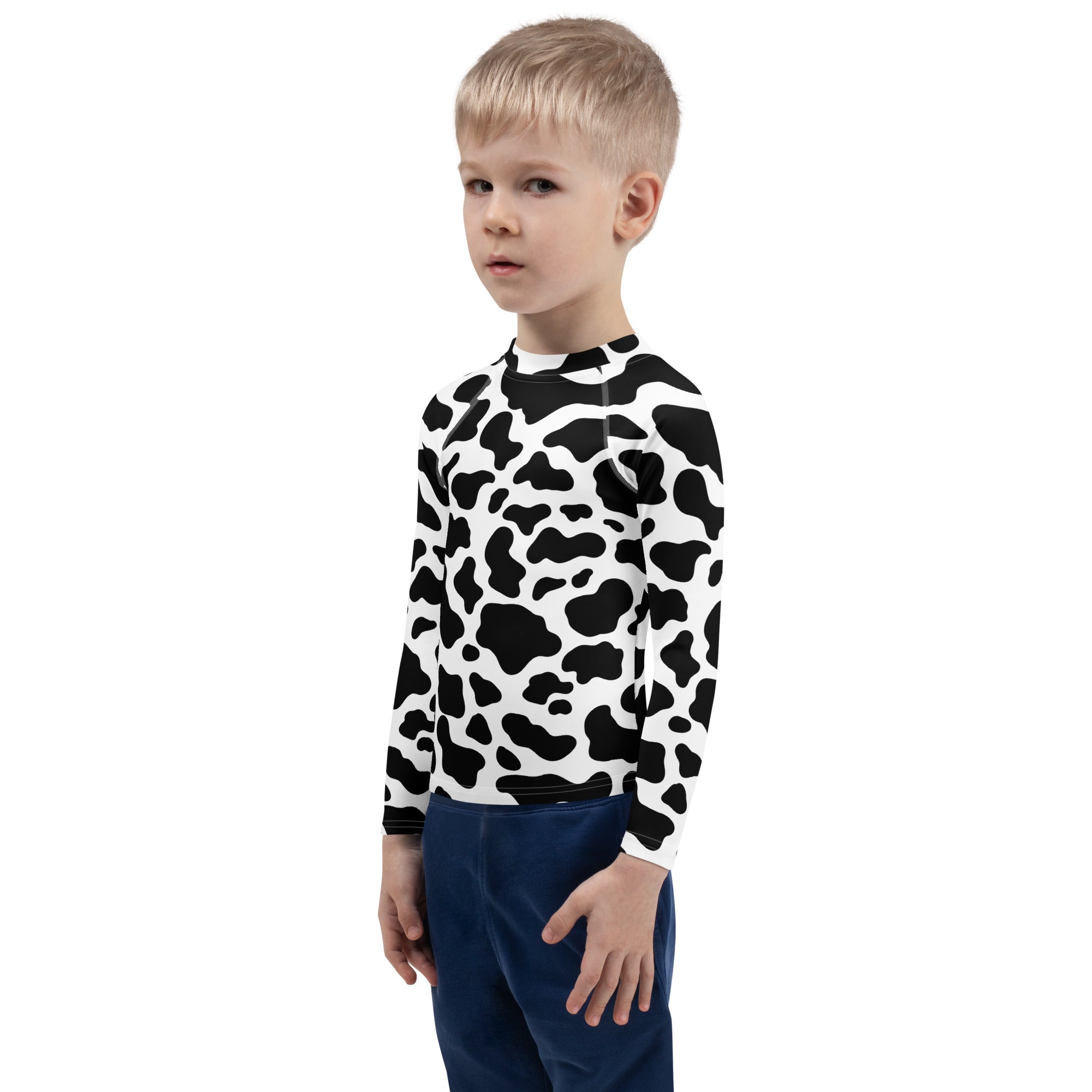 Kids cow print long sleeve rash guard swim shirt with upf 50+ in black and white for sun protection