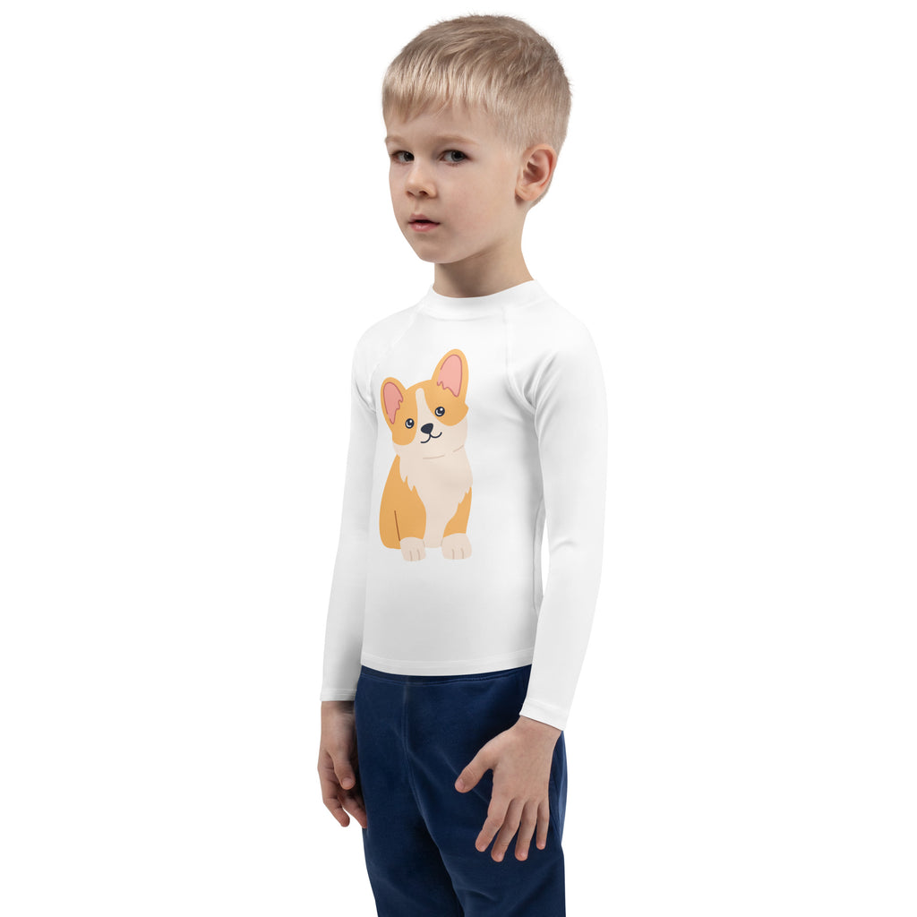White long-sleeved kids rash guard swim shirt with orange and cream corgi graphic and upf 50 plus protection