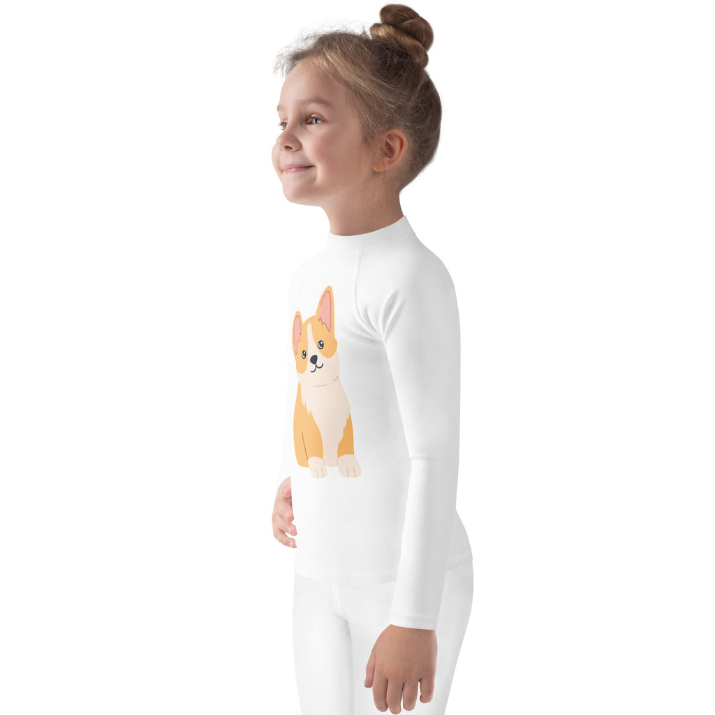 White long sleeve kids rash guard swim shirt with tan and cream cute corgi design and upf 50 plus protection