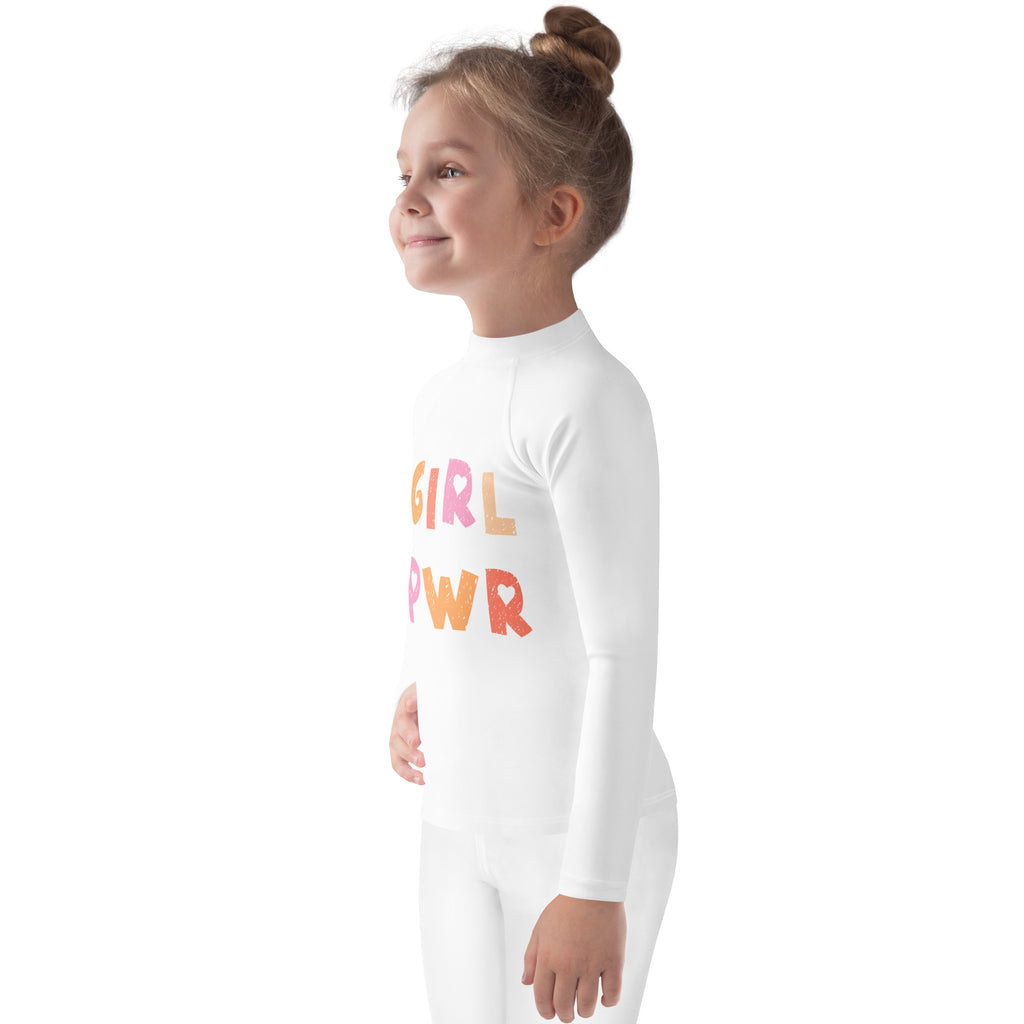 White long-sleeved kids rash guard swim shirt with girl pwr print and upf 50 plus sun protection