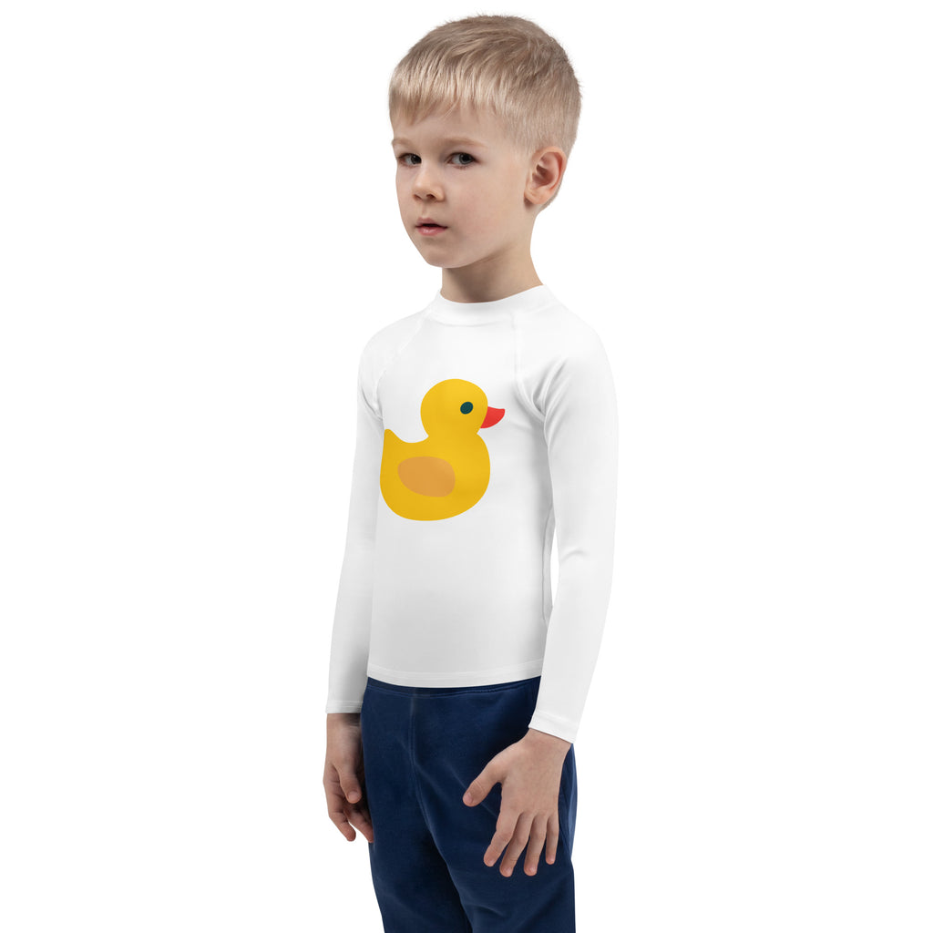 White long-sleeved kids rash guard swim shirt with bright yellow rubber duck graphic and upf 50 plus protection