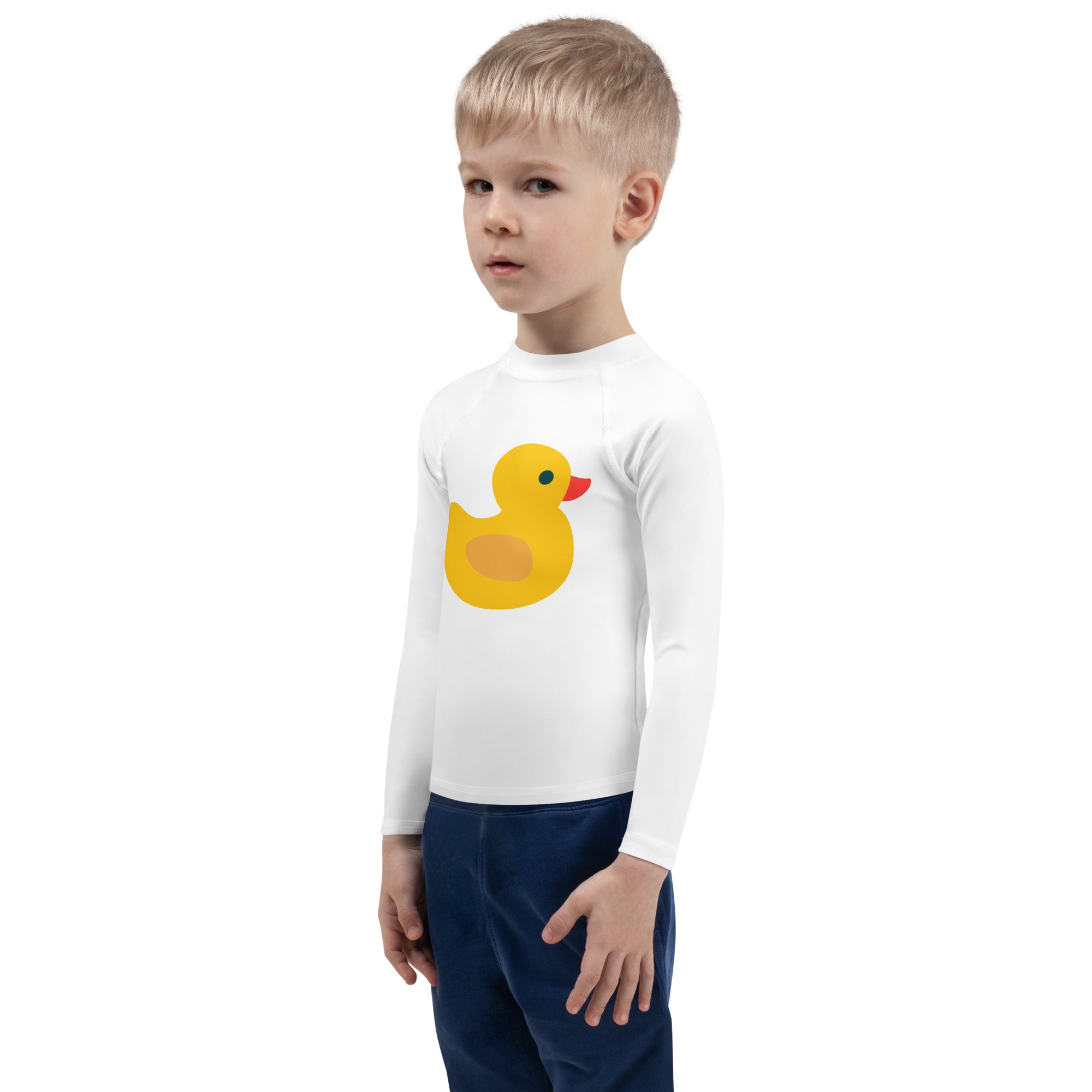 White long-sleeved kids rash guard swim shirt with bright yellow rubber duck graphic and upf 50 plus protection