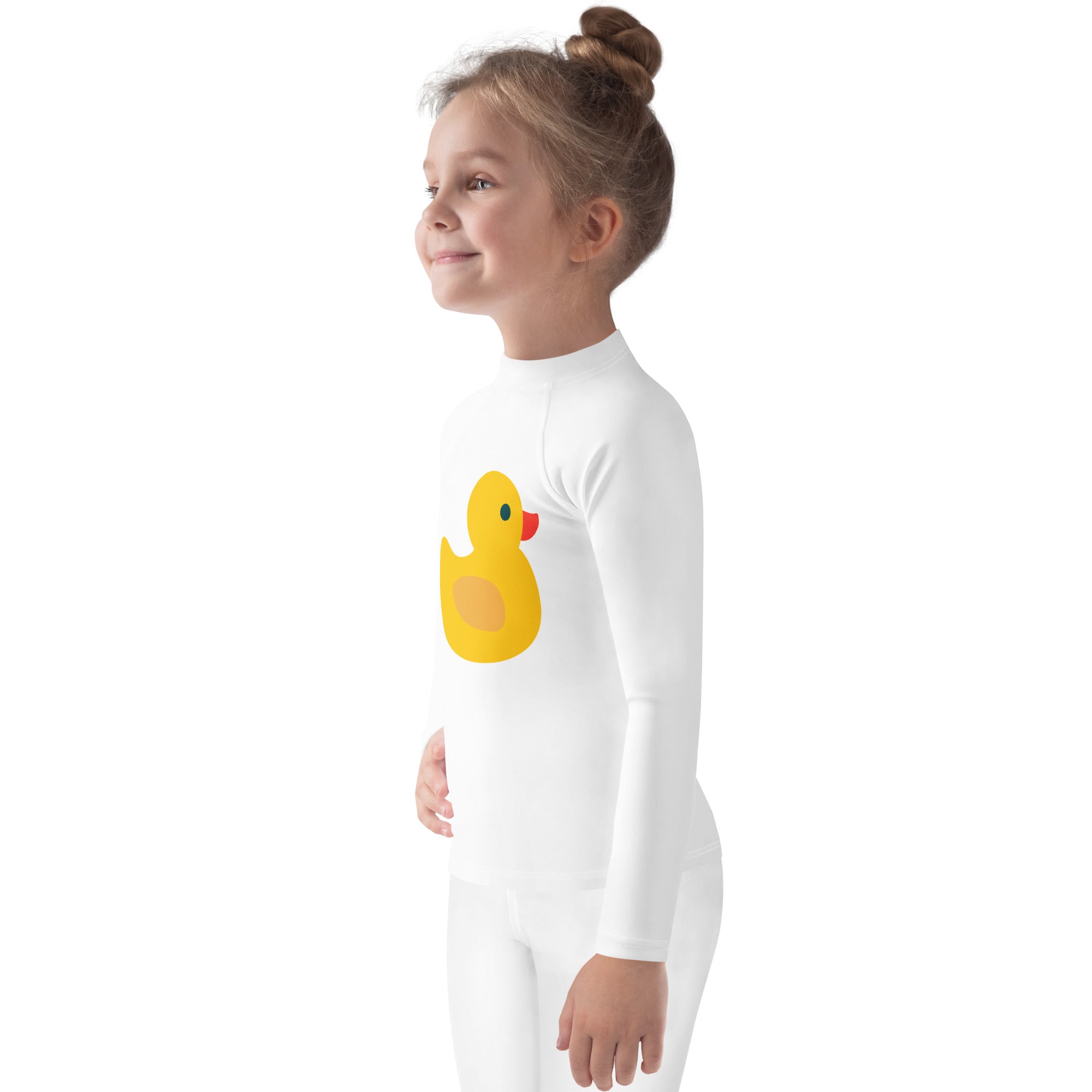 White long-sleeved kids rash guard swim shirt with yellow rubber duck graphic and upf 50 plus sun protection